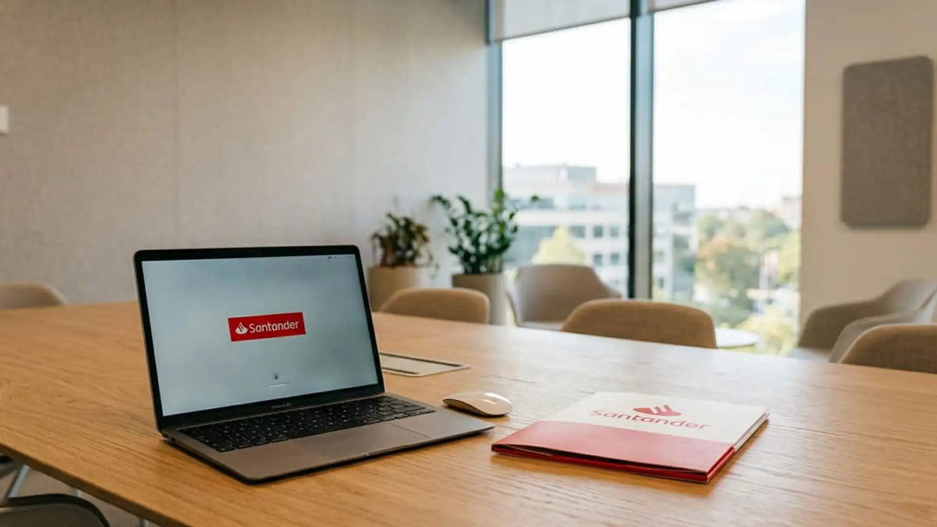 El Santander plantea su primer ERE desde la pandemia en sus filiales tecnológicas Ordenador portátil con el logotipo de Banco Santander sobre una mesa en una sala de reuniones