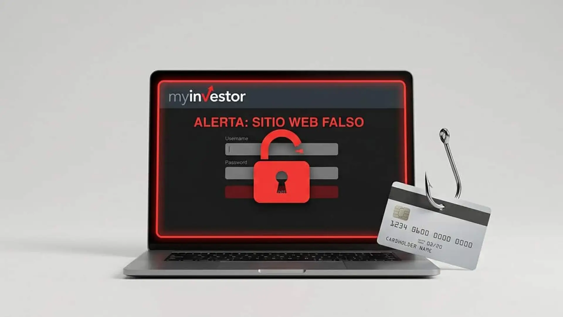 Portátil con una alerta de sitio web falso de MyInvestor junto a una tarjeta bancaria enganchada a un anzuelo
