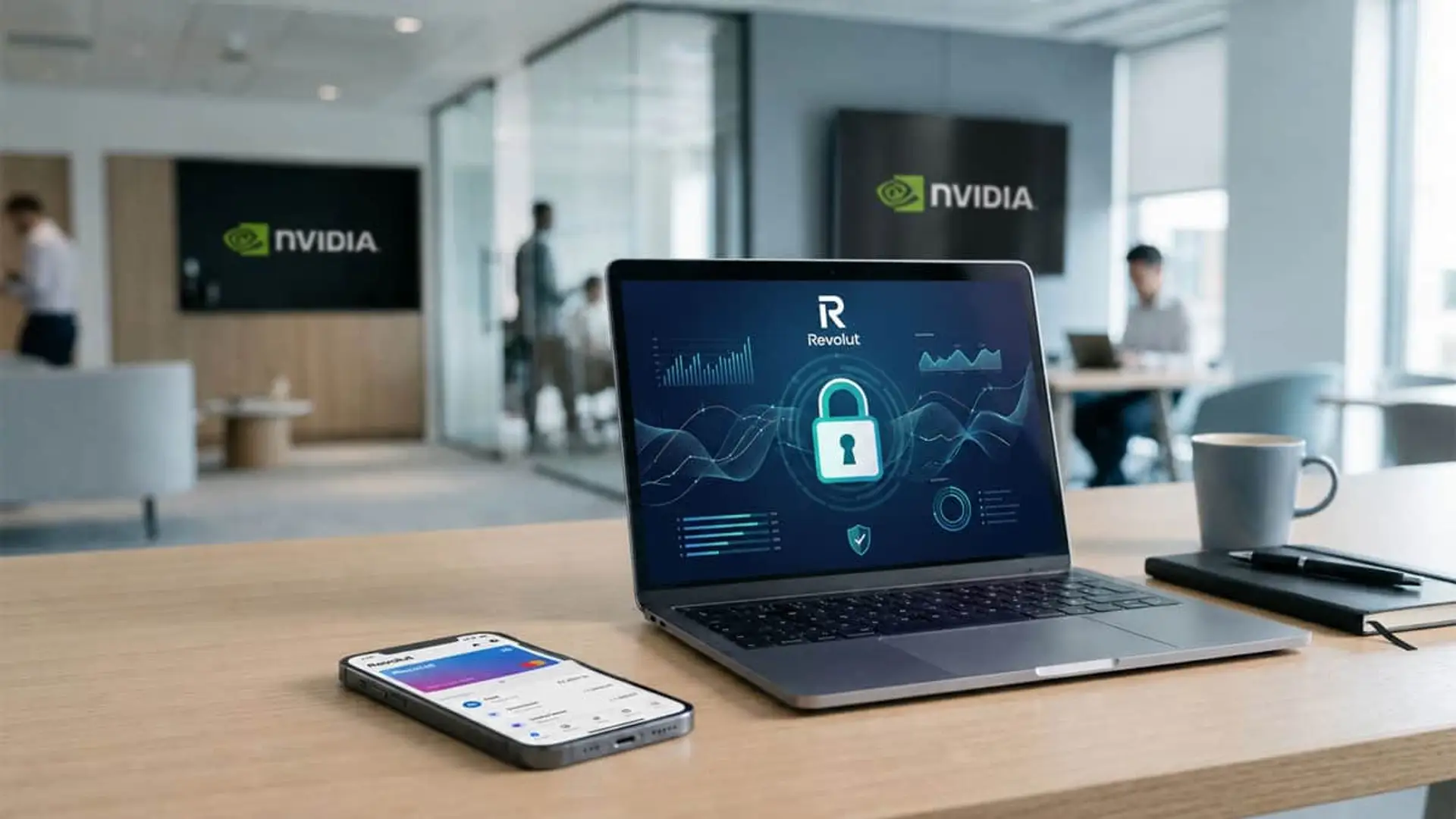 Revolut construye su propia IA con Nvidia y ya la usa para detectar fraudes Portátil con la app de Revolut y móvil sobre una mesa en una oficina con pantallas de Nvidia al fondo.