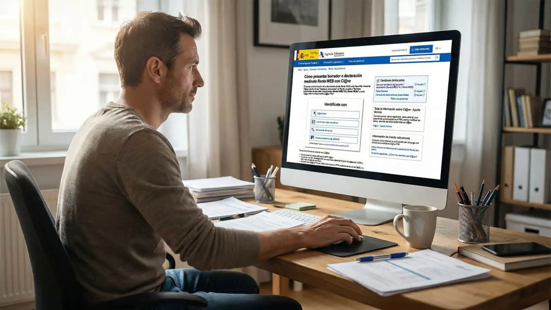 Hombre usando su ordenador para presentar la declaración de la renta en la web oficial de la Agencia Tributaria.
