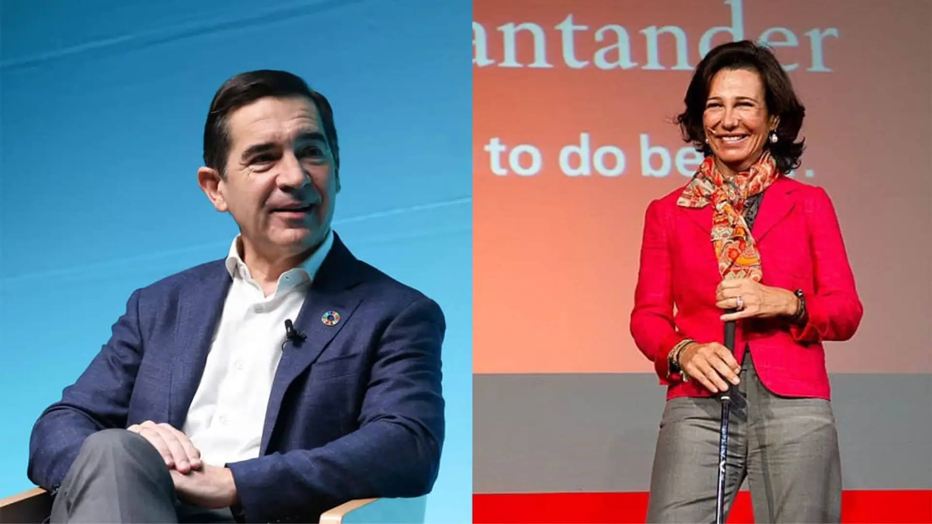 Montaje fotográfico de Carlos Torres Vila, presidente de BBVA, y Ana Botín, presidenta del Banco Santander, en un retrato comparativo.