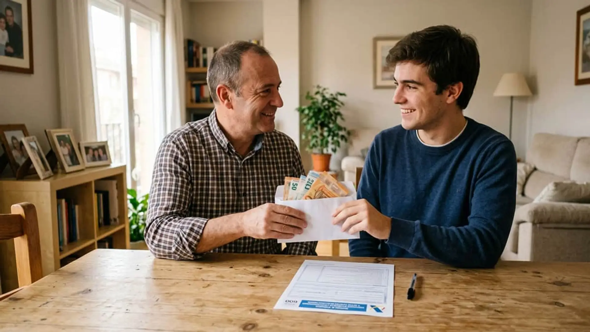 ¿Le prestas dinero a tu hijo? Esto es lo que pide Hacienda para que no lo confunda con una donación Padre entrega dinero a su hijo en casa para representar un préstamo entre familiares