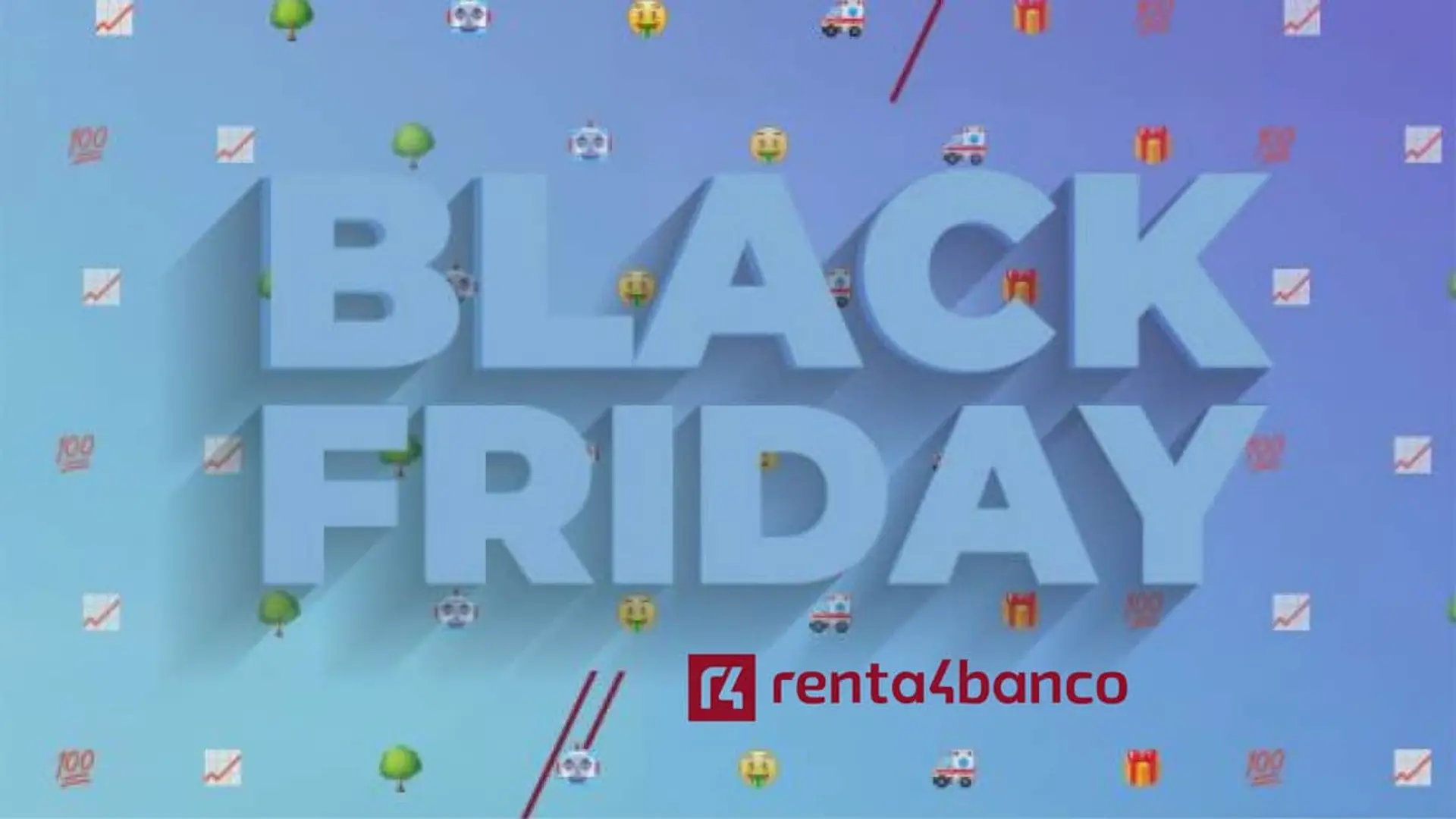 Promoción Black Friday de Renta 4 Banco con letras 3D azules sobre fondo de elementos financieros