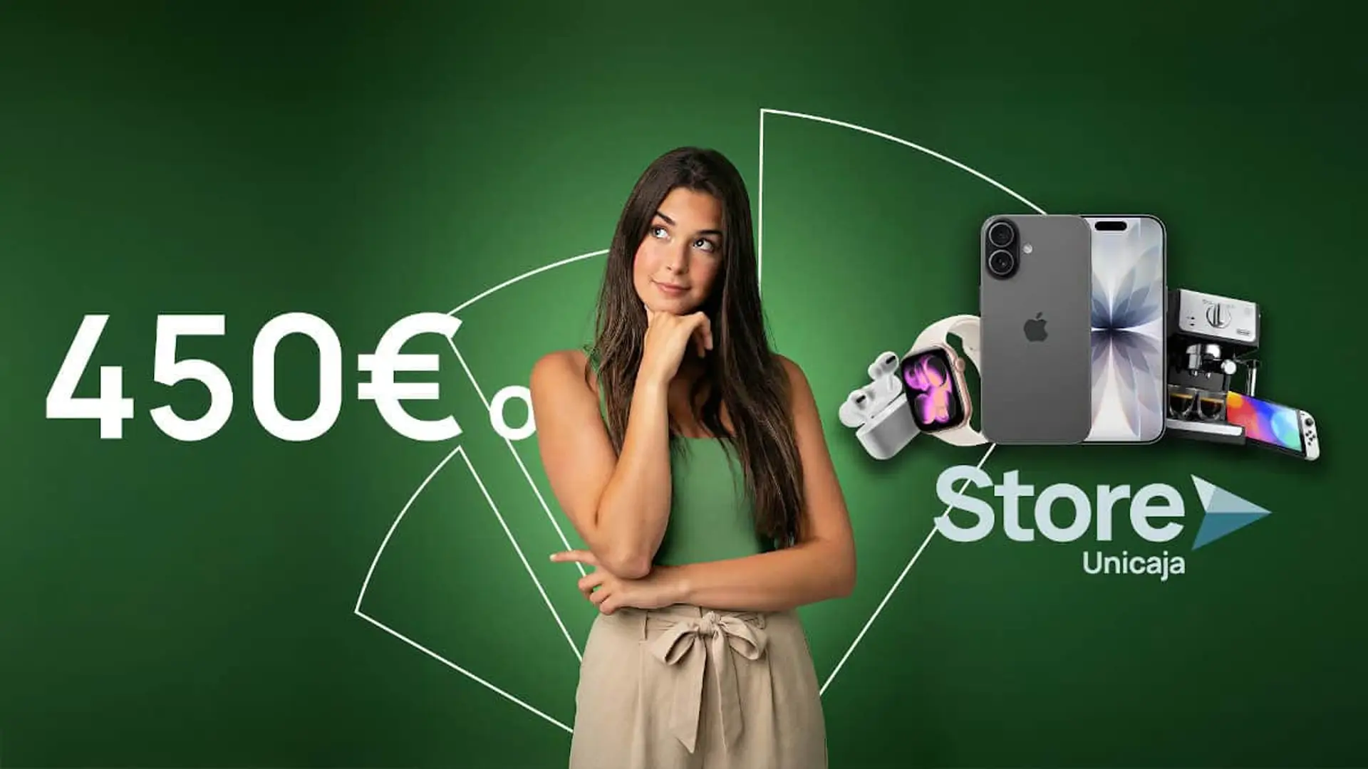 Unicaja renueva su oferta nómina: 450 euros en efectivo o un cupón para gastar en consolas, teles o iPhone Promoción de Store Unicaja con incentivo de 450€ para comprar iPhone, Apple Watch y AirPods.