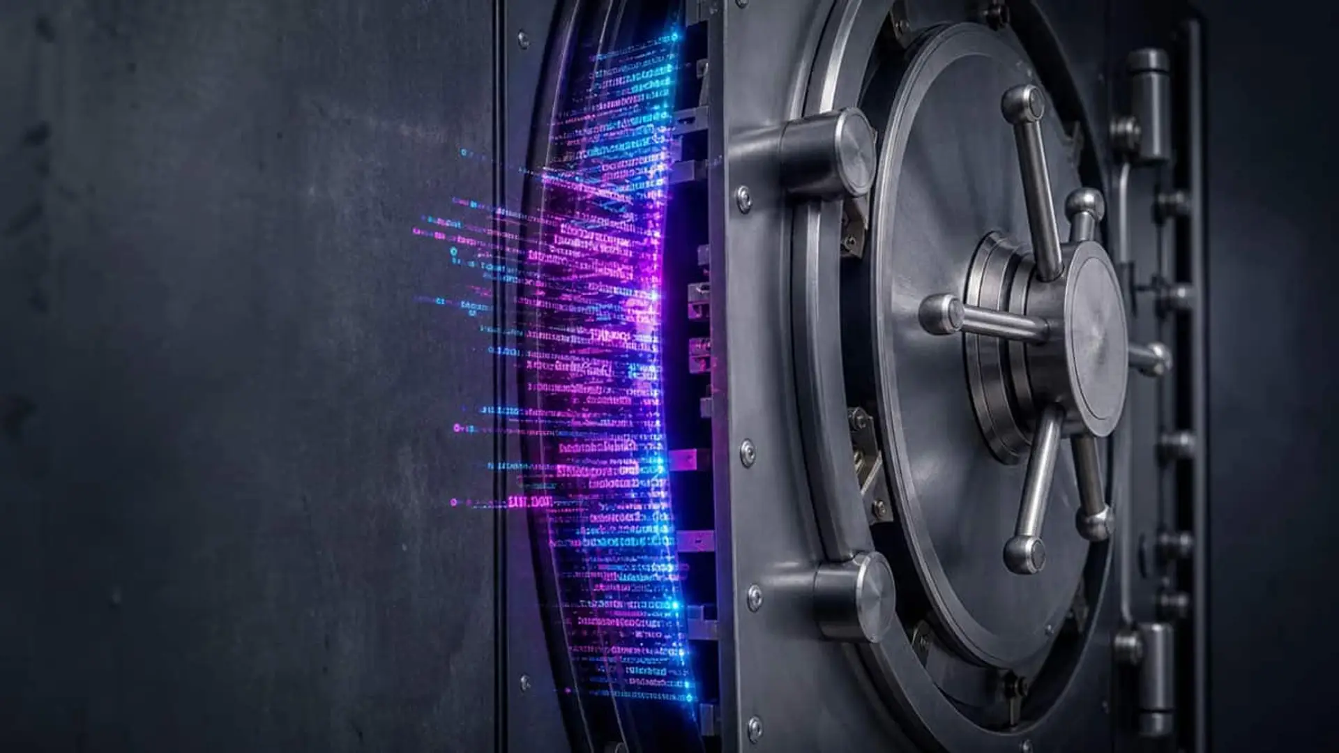 Puerta metálica de una cámara acorazada entreabierta con líneas de código luminosas en tonos azul y morado
