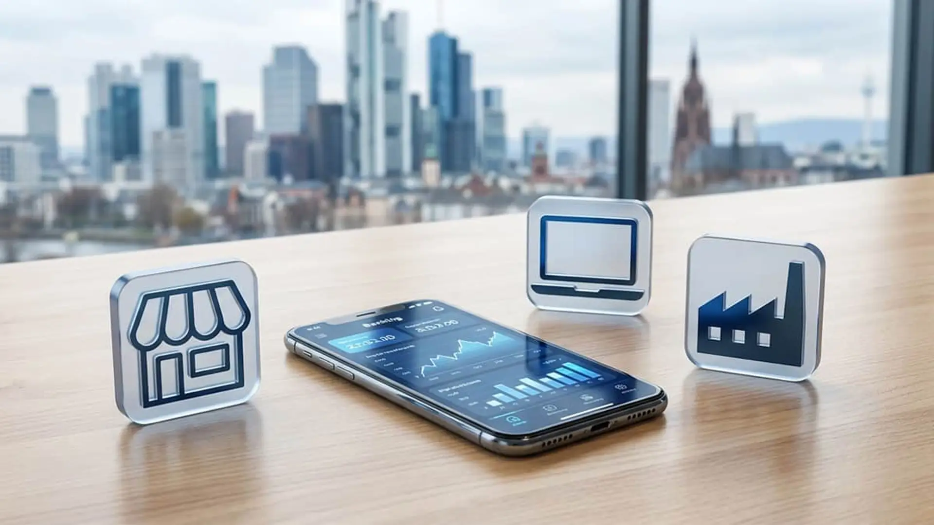 App de banca móvil para pymes con iconos de comercio, tecnología e industria sobre skyline urbano