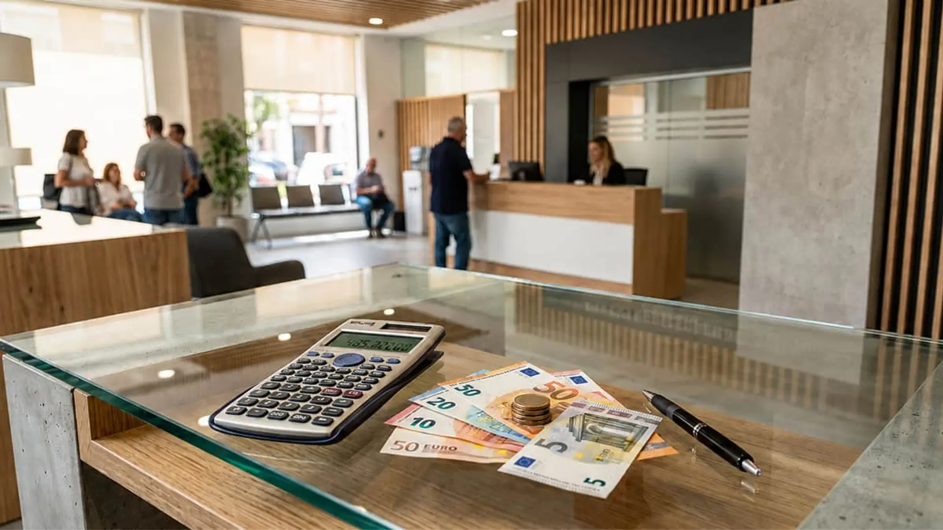 Recepción de oficina bancaria con calculadora, dinero en euros y atención a pacientes