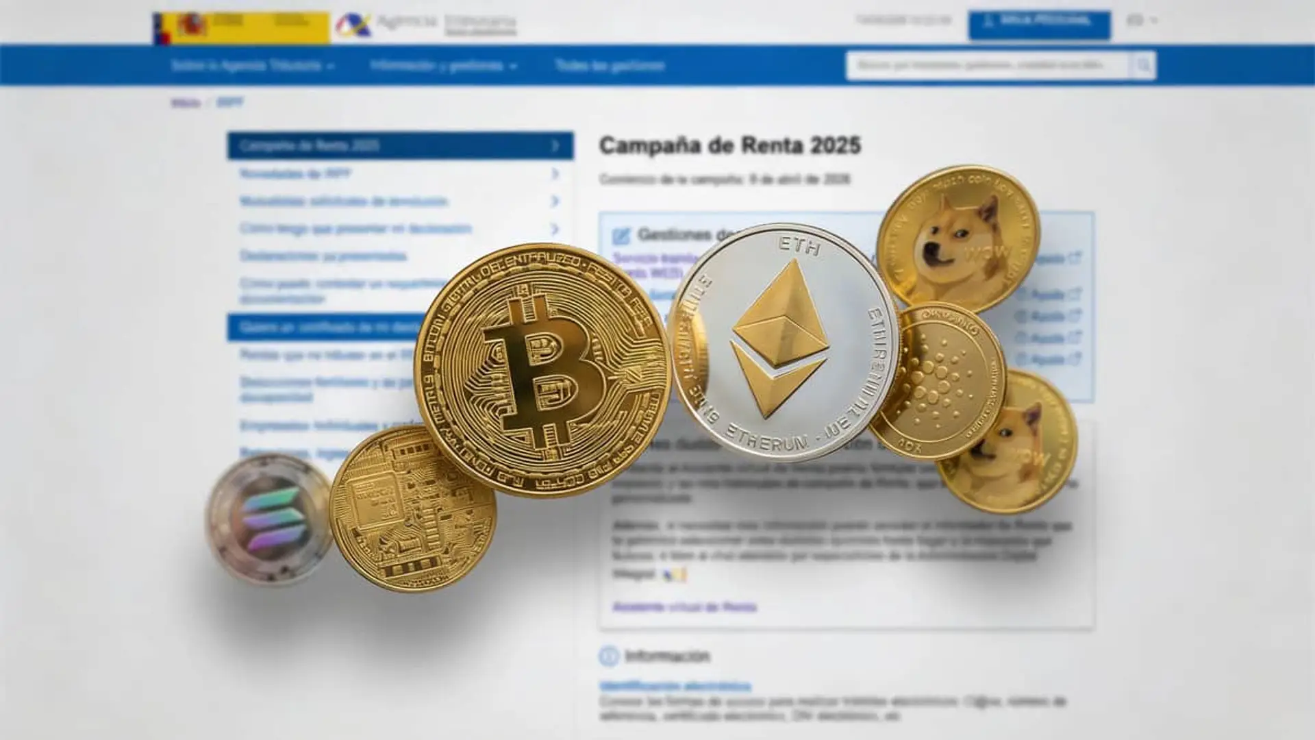 Monedas de Bitcoin y Ethereum frente a la web de la Campaña de Renta 2025.