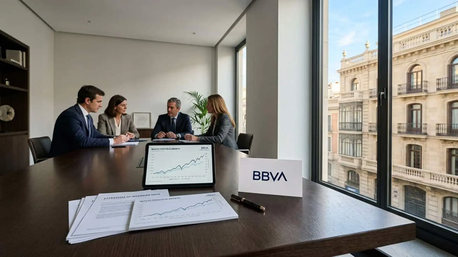 Reunión de asesoramiento financiero de BBVA con varios profesionales alrededor de una mesa y documentación de inversión en primer plano