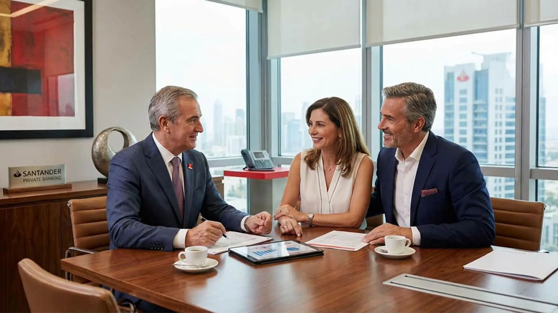 Banco Santander marca el camino de la banca privada en España: crece el doble que CaixaBank, BBVA o Bankinter Pareja satisfecha en reunión con asesor de Banco de Santander. Gestión de finanzas y patrimonio personal.