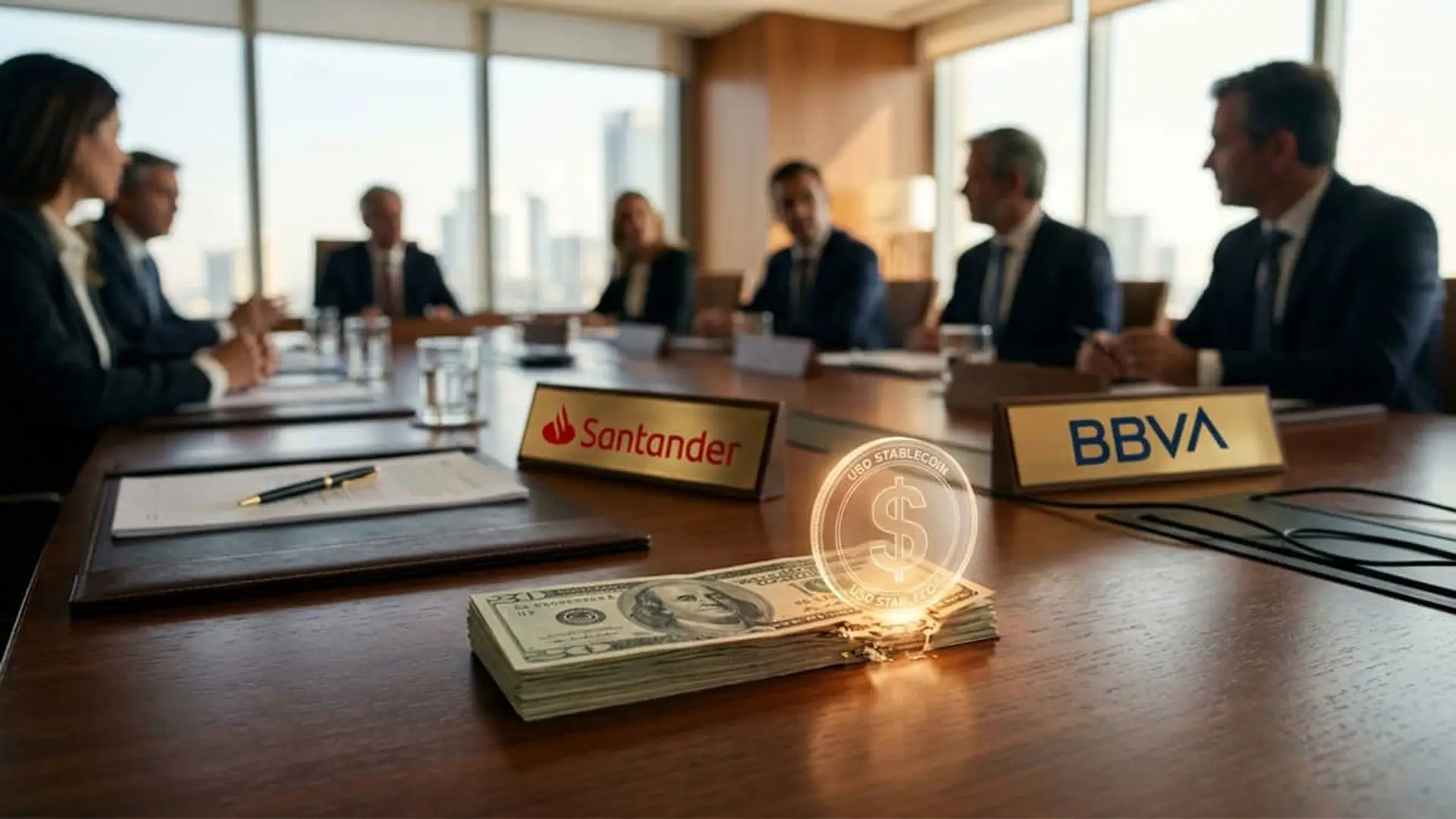 Banco Santander y BBVA se preparan para competir con Tether con una stablecoin en dólares para 2027 Reunión con placas de Banco Santander y BBVA, dólares y una representación de una stablecoin sobre la mesa.