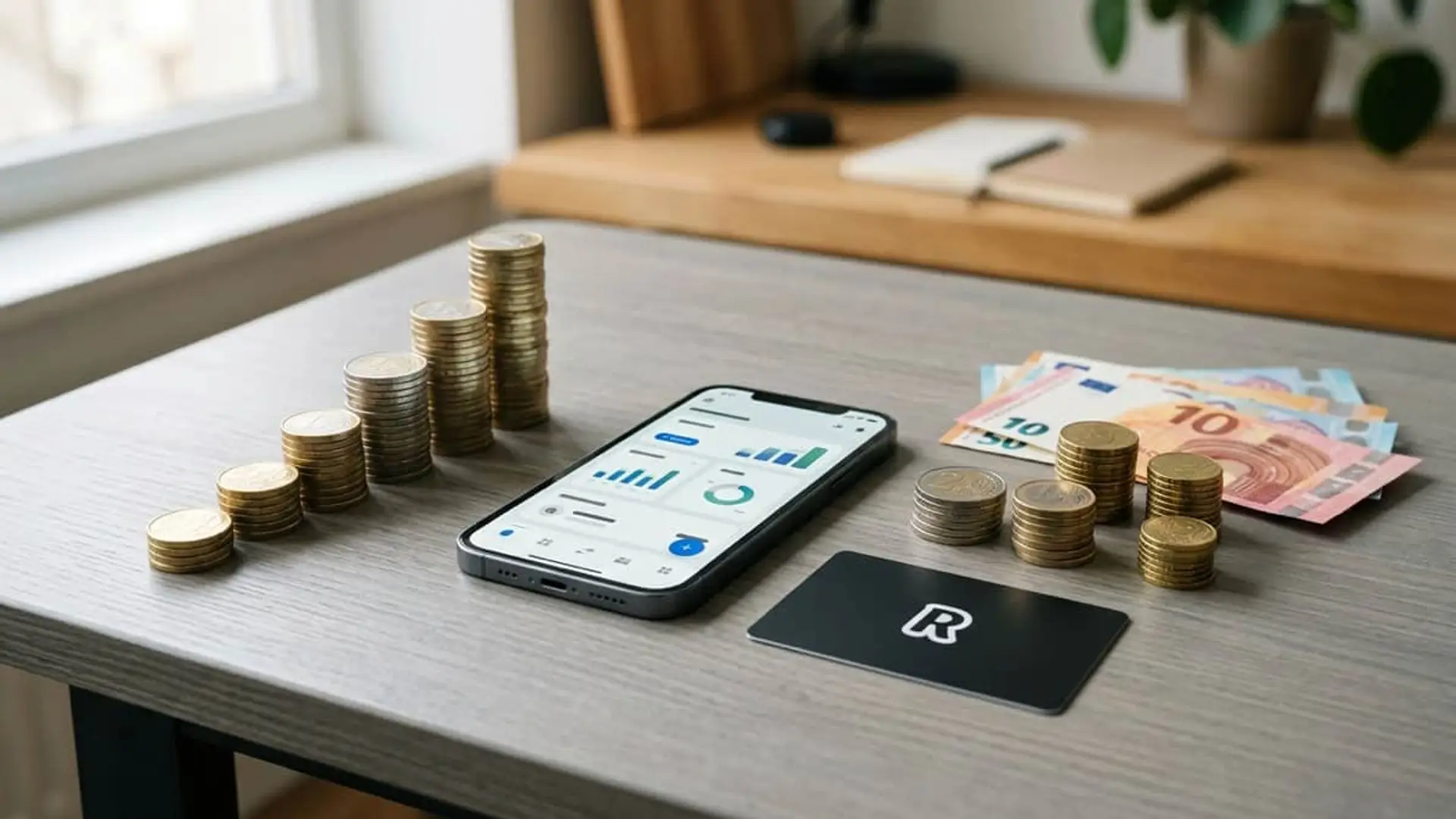 Revolut eleva el límite de su cuenta remunerada hasta 5 millones: qué cambia, qué sigue igual y cuánto paga cada plan App de Revolut en smartphone con tarjeta negra y monedas de euro apiladas simbolizando el ahorro e inversión.
