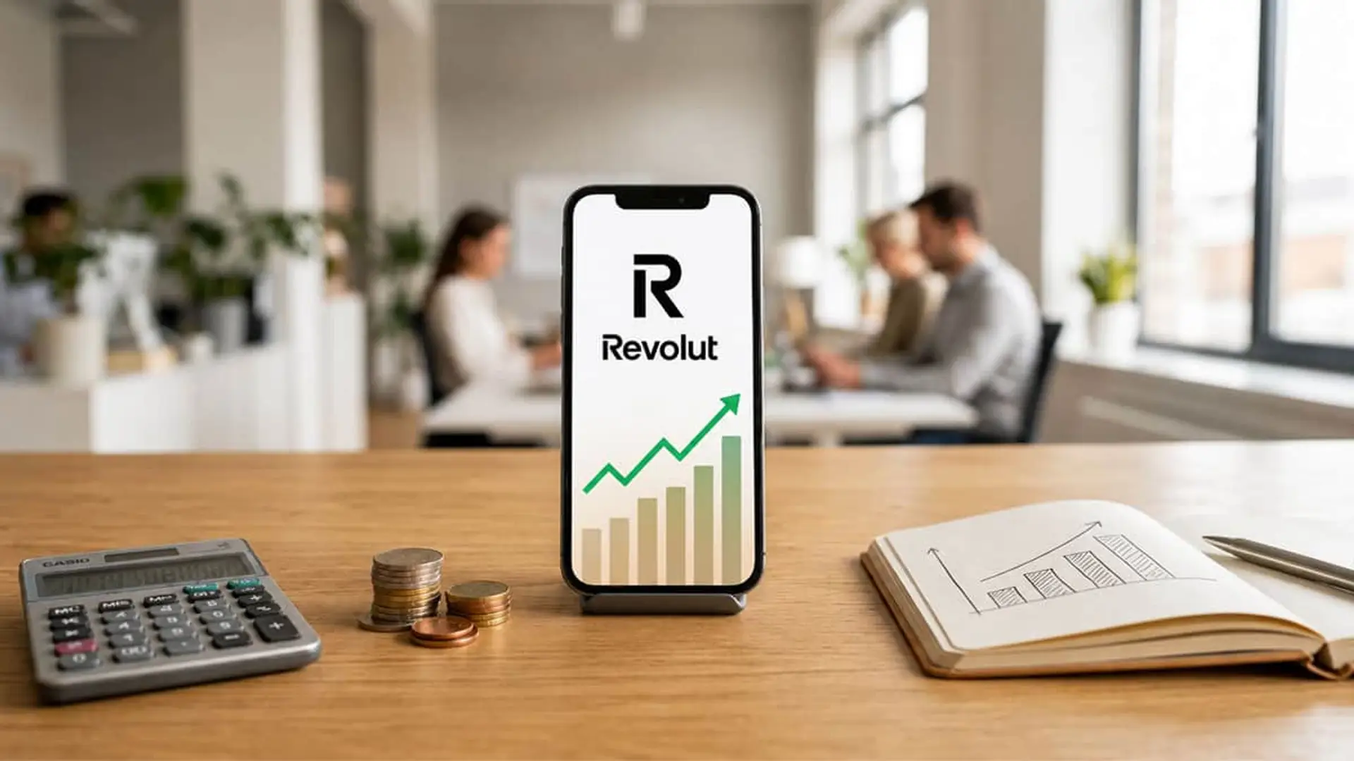 App de Revolut en un móvil con gráfico de crecimiento, monedas y herramientas financieras en una oficina.