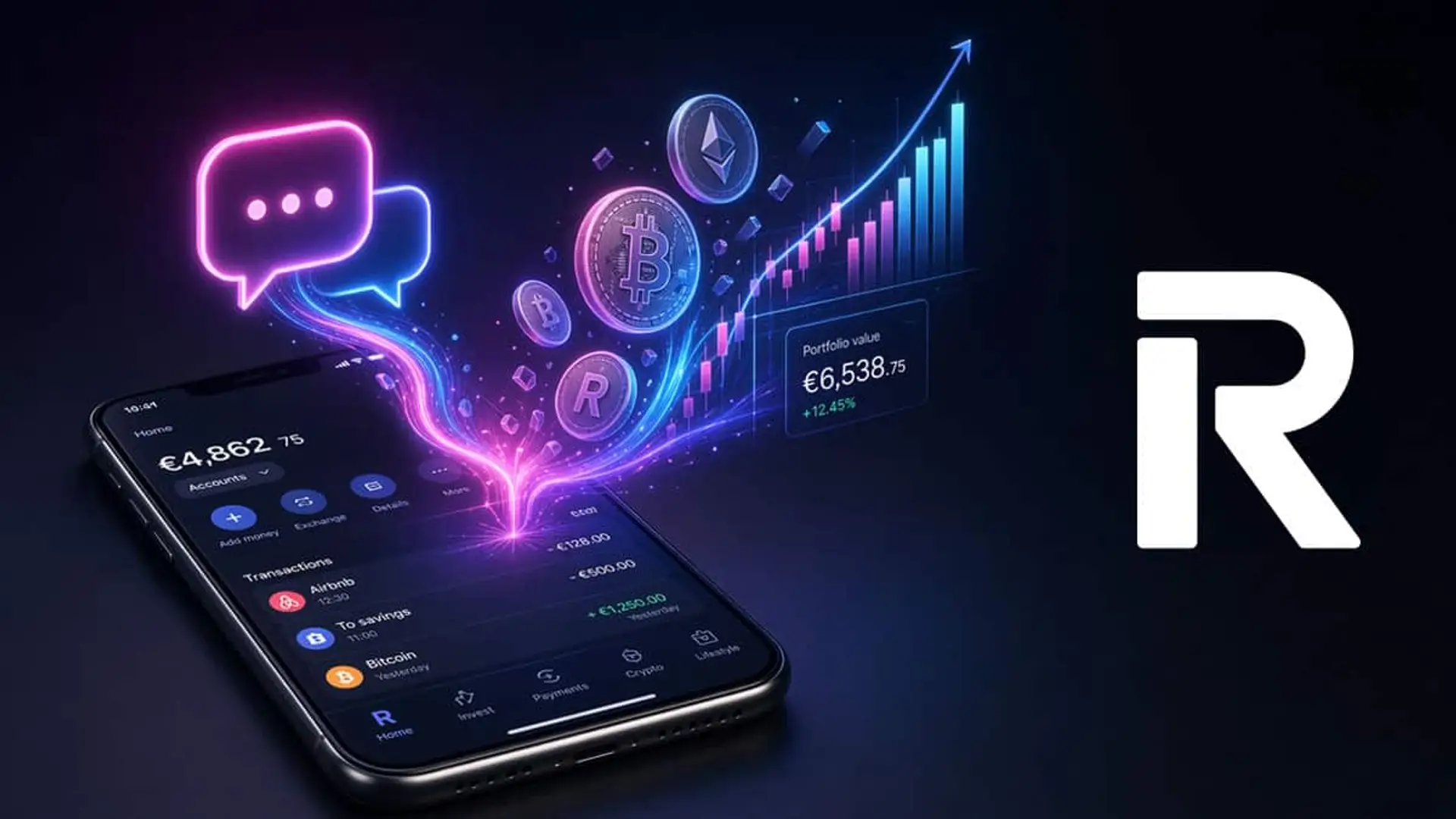 Revolut ya deja operar cripto a través de Claude, Gemini, Cursor y OpenClaw Ilustración de un teléfono móvil con la aplicación de Revolut, criptomonedas, un gráfico ascendente y un icono de conversación
