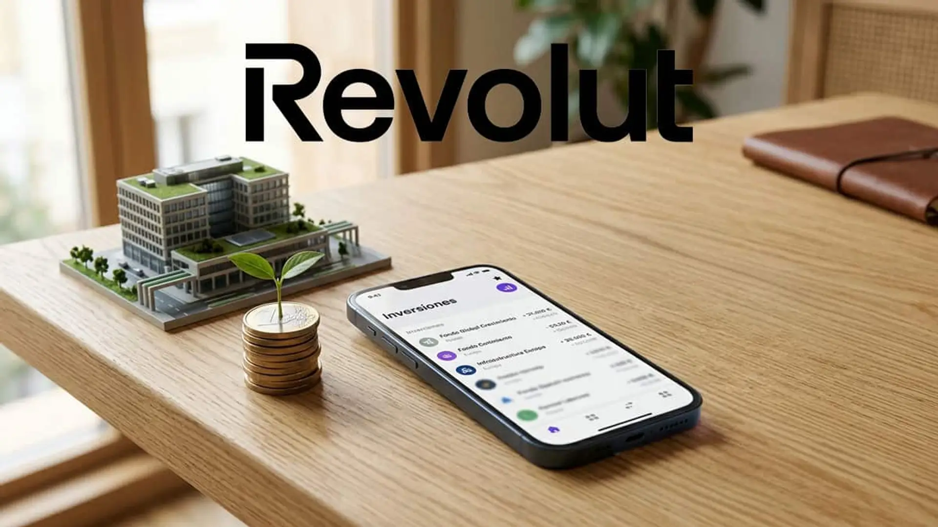 Revolut permite invertir desde 1 euro en fondos antes reservados a grandes patrimonios Teléfono móvil con la sección de inversiones de Revolut junto a monedas, una planta y una maqueta de un edificio