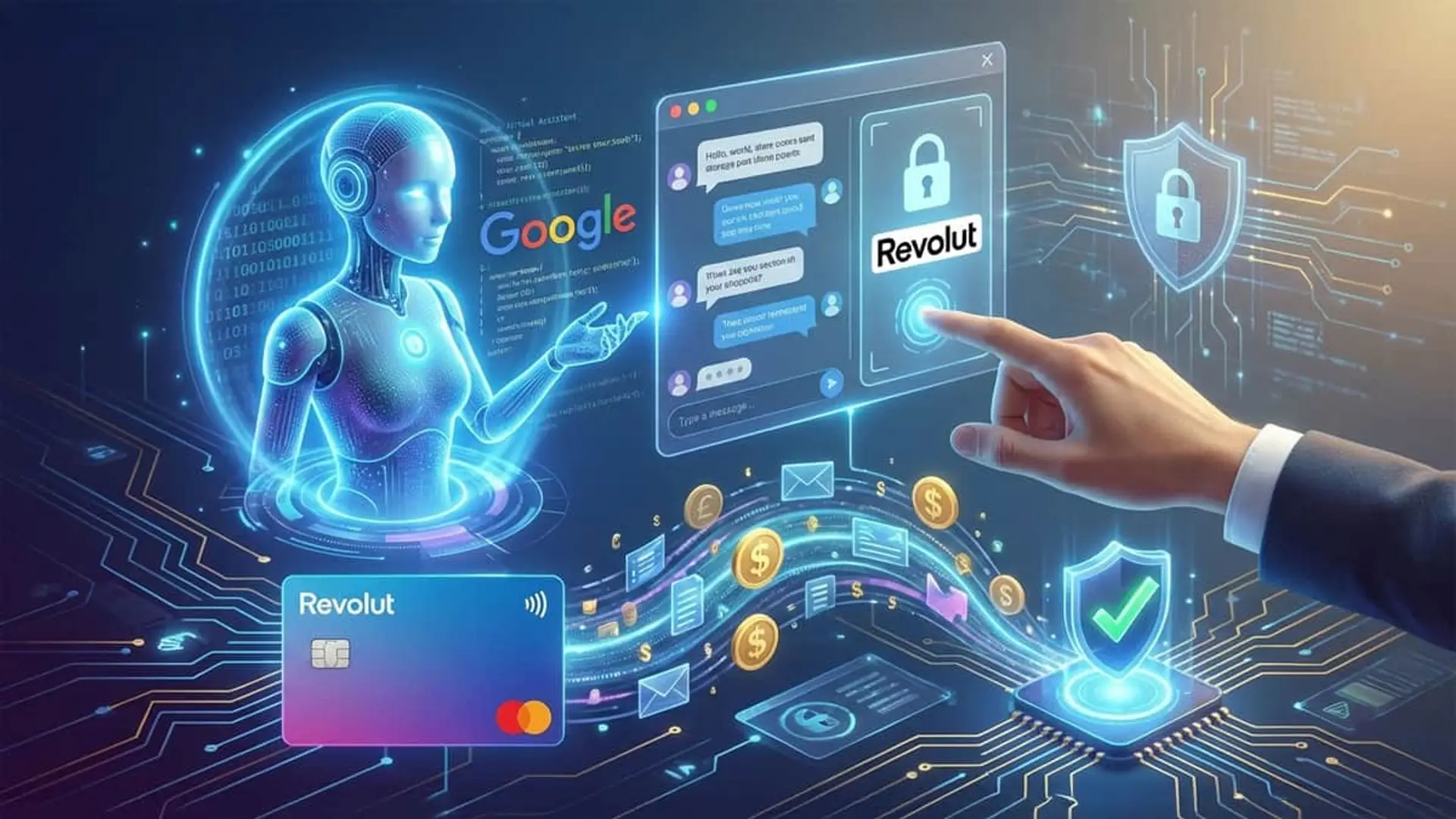 Revolut Pay y Google se adelantan al futuro de los pagos: así podrás comprar con agentes IA de forma segura Mano interactuando con interfaz holográfica de seguridad de Revolut con tarjeta digital y robot IA de Google.