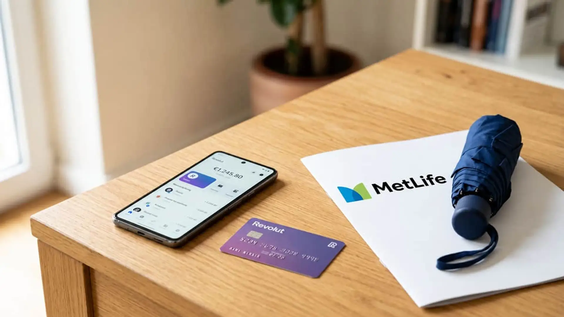 Móvil y tarjeta Revolut junto al logotipo de MetLife y un paraguas sobre una mesa.