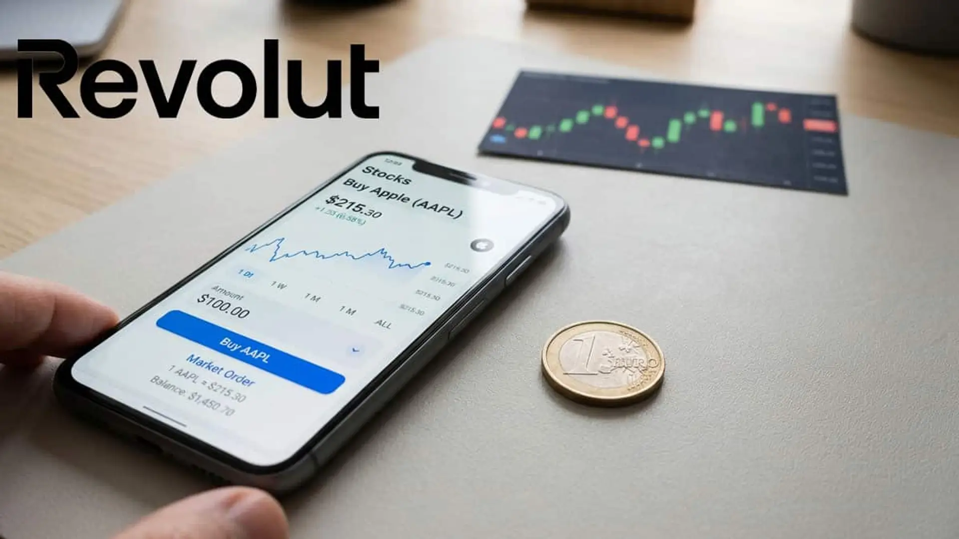Revolut cambia su comisión por invertir en bolsa: una orden de 100 euros y otra de 5.000 pagan lo mismo Móvil con una operación de compra de acciones junto al logo de Revolut y una moneda de un euro