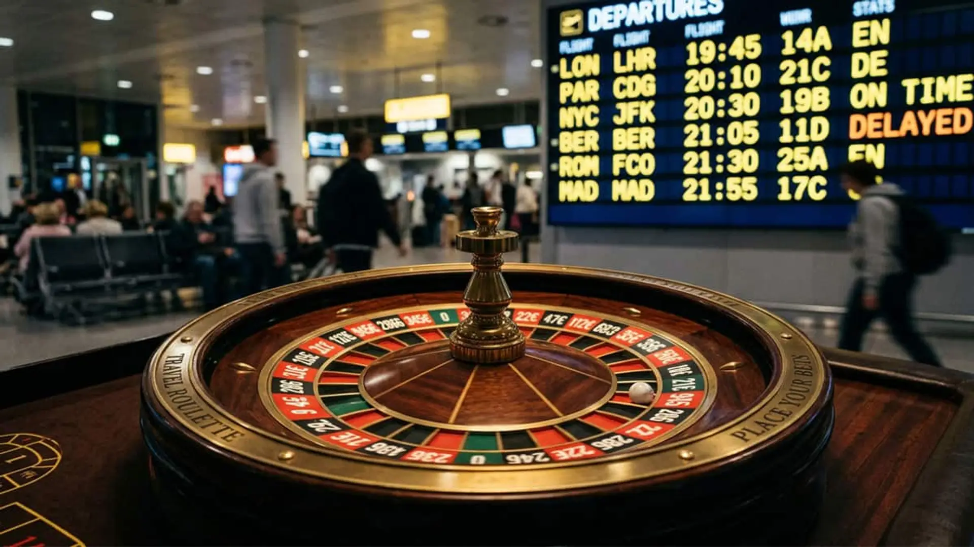Ruleta de casino en un aeropuerto frente a un panel de salidas