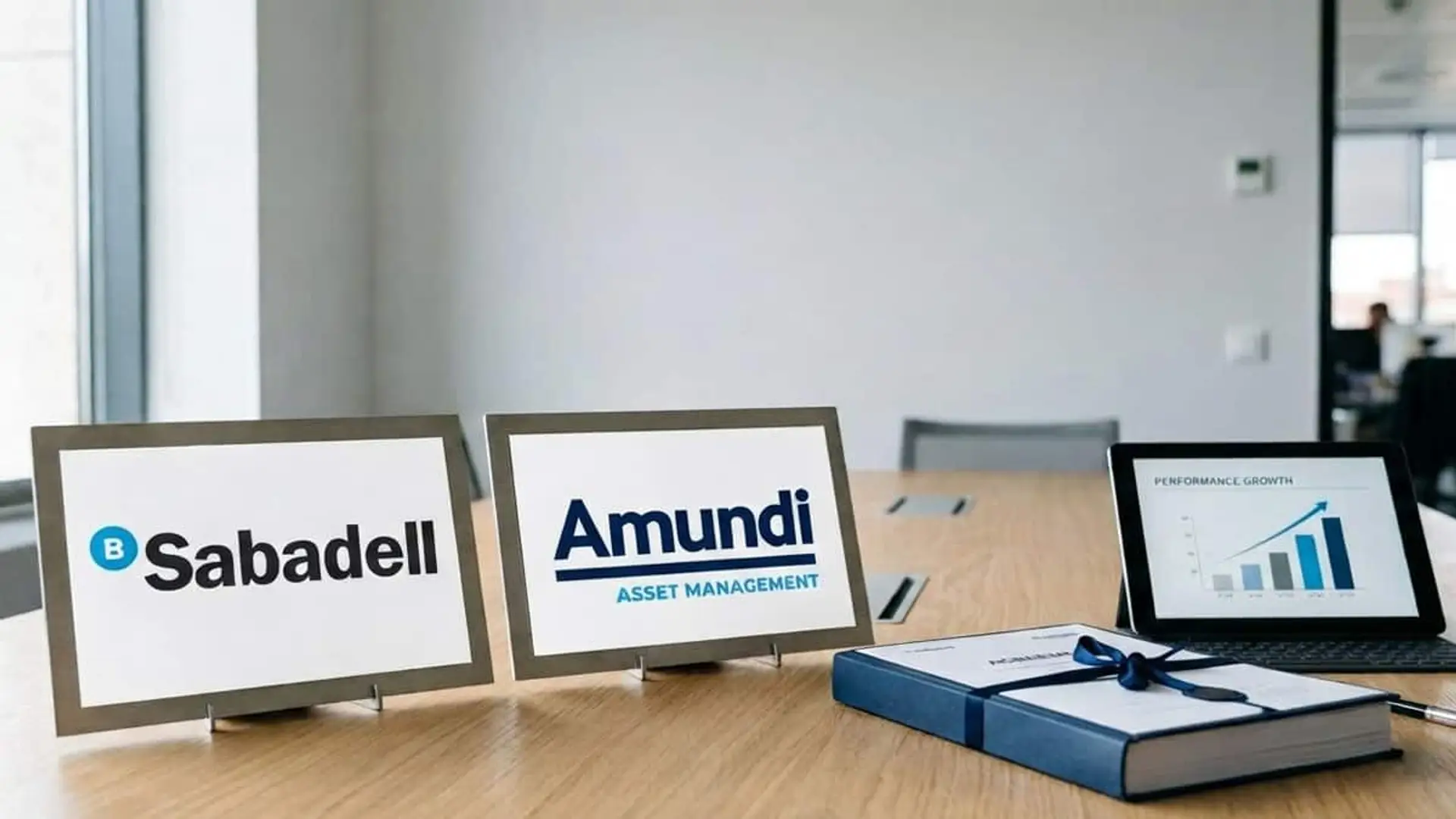 Logotipos de Banco Sabadell y Amundi junto a una tablet con un gráfico sobre una mesa de reuniones