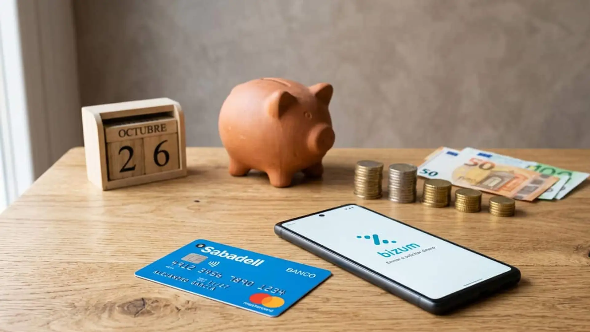 Sabadell sube al 2,75% TAE su Cuenta Online, pero su nueva promoción ya no incluye el 10% de Bizum Tarjeta de Banco Sabadell junto a un móvil con Bizum, una hucha, monedas, billetes de euro y un calendario de octubre.