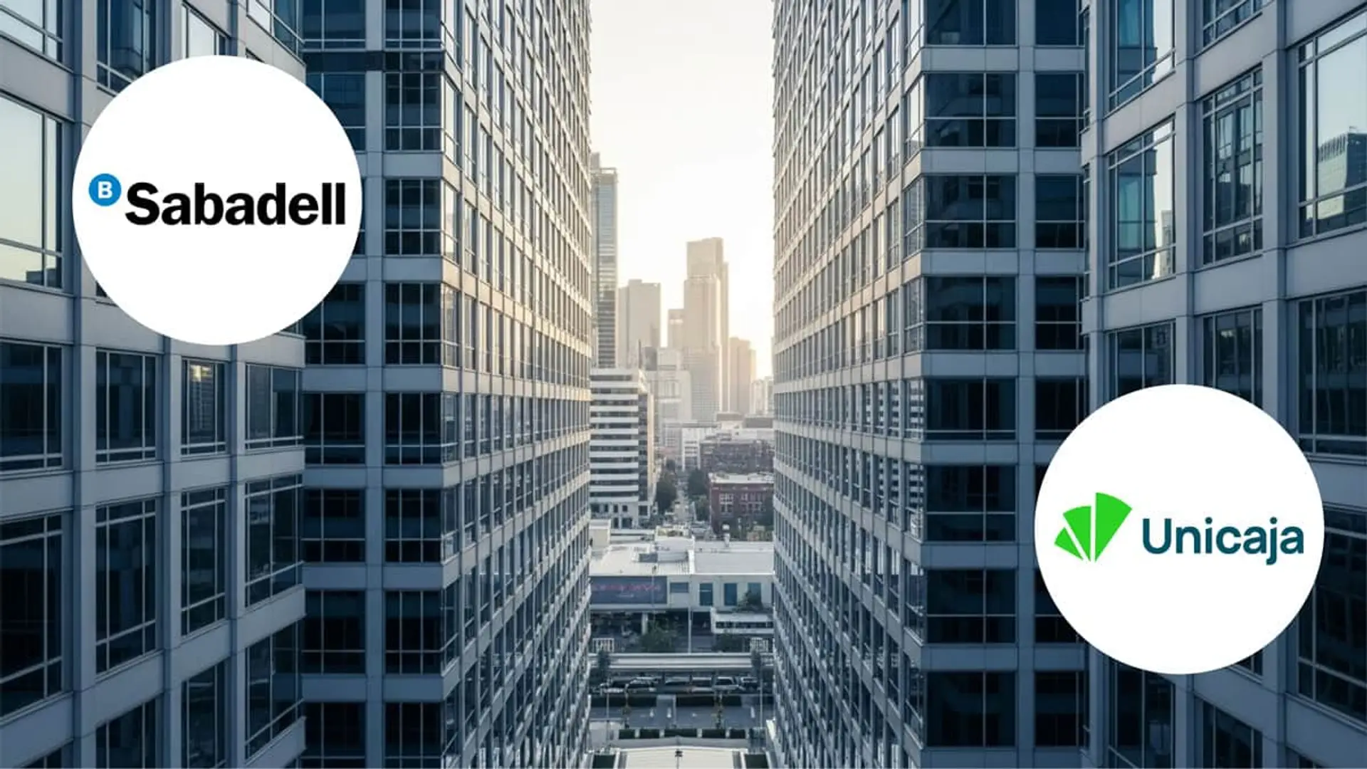 Así te afectaría una fusión entre Banco Sabadell y Unicaja: menos remuneración y préstamos más caros Posible fusión entre Sabadell y Unicaja: logos de ambos bancos frente a edificios del sector financiero.