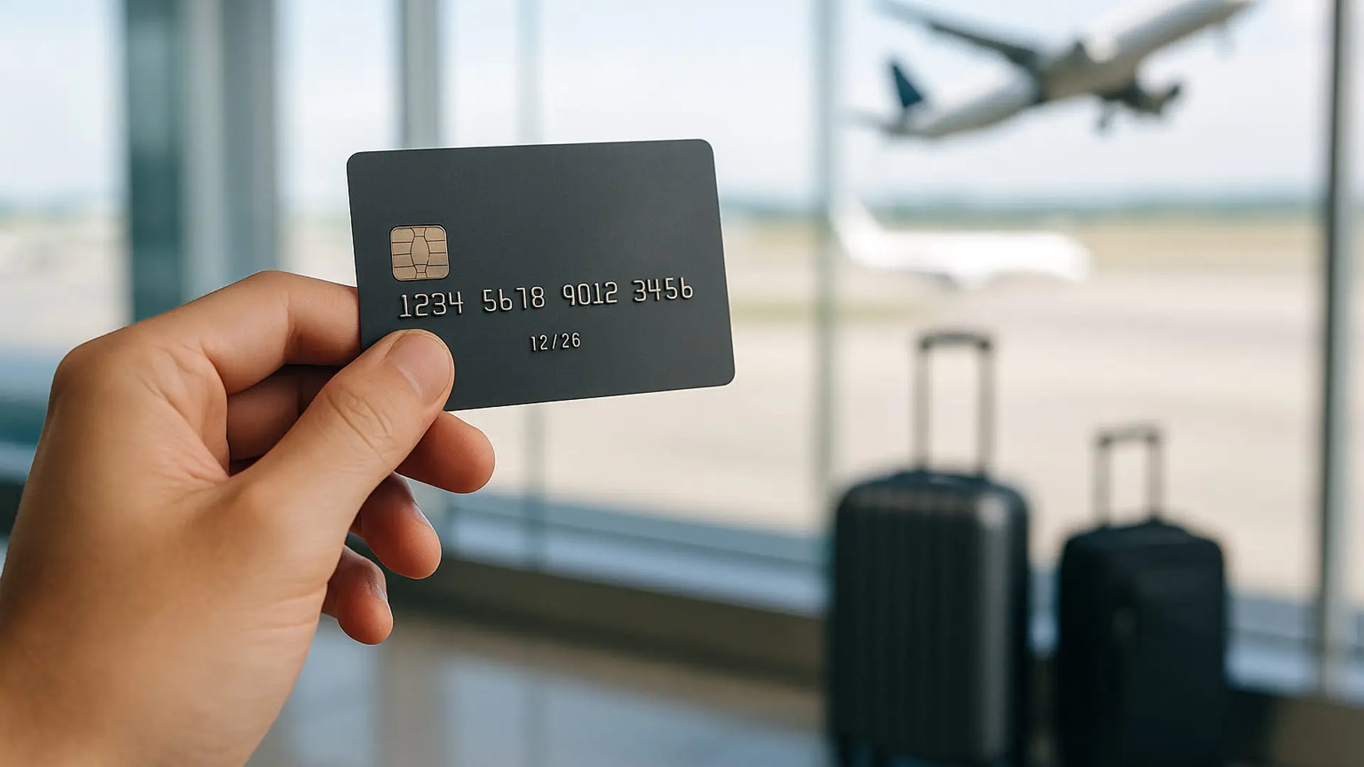 Mano sosteniendo una tarjeta de crédito en un aeropuerto con maletas y un avión despegando de fondo.