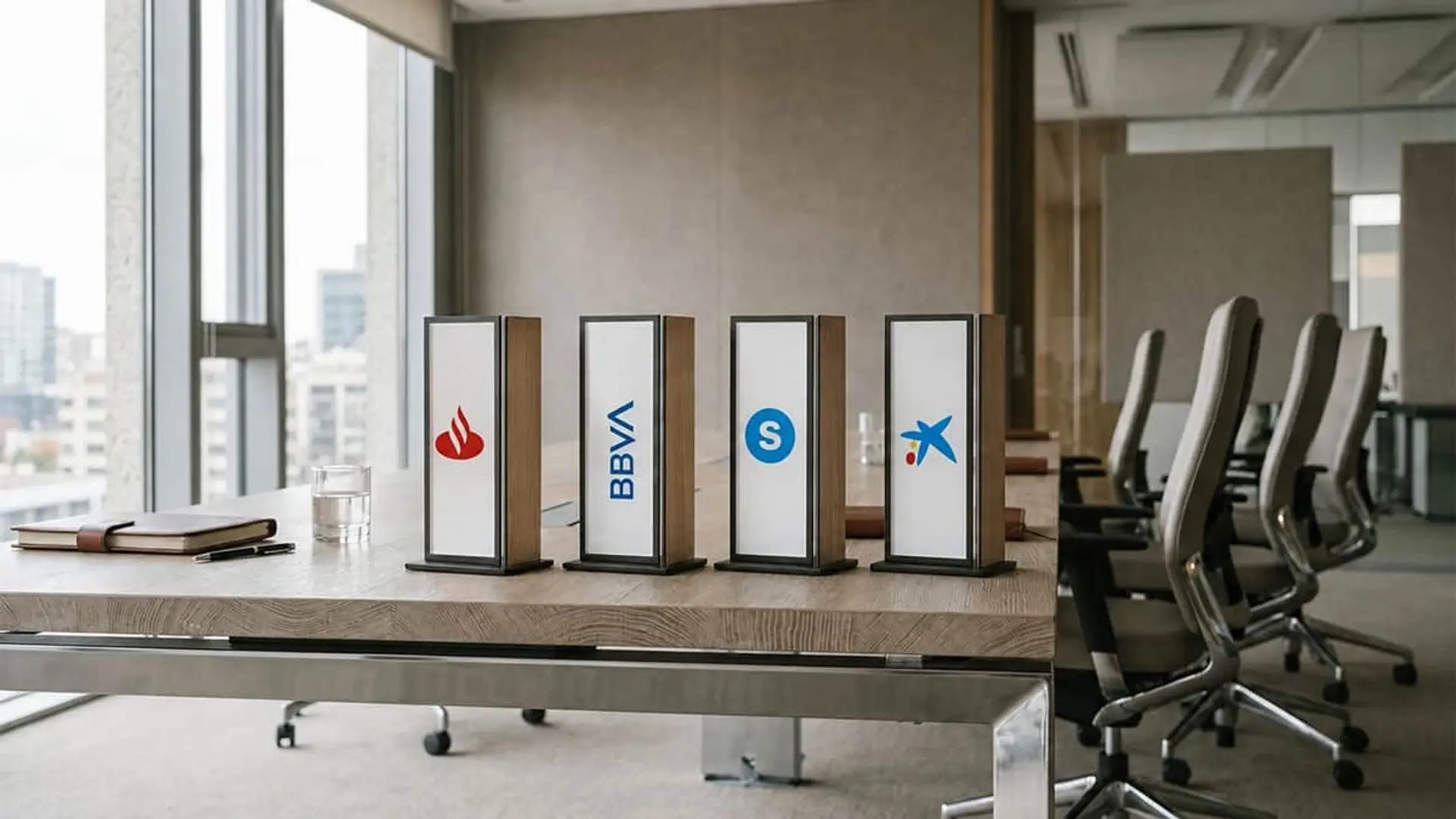 Seis bancos del Ibex reorganizan su cúpula: BBVA cesa a 8 directivos y Sabadell crea un área de IA Sala de juntas moderna con logos de Santander, BBVA, Sabadell y CaixaBank sobre una mesa de madera.