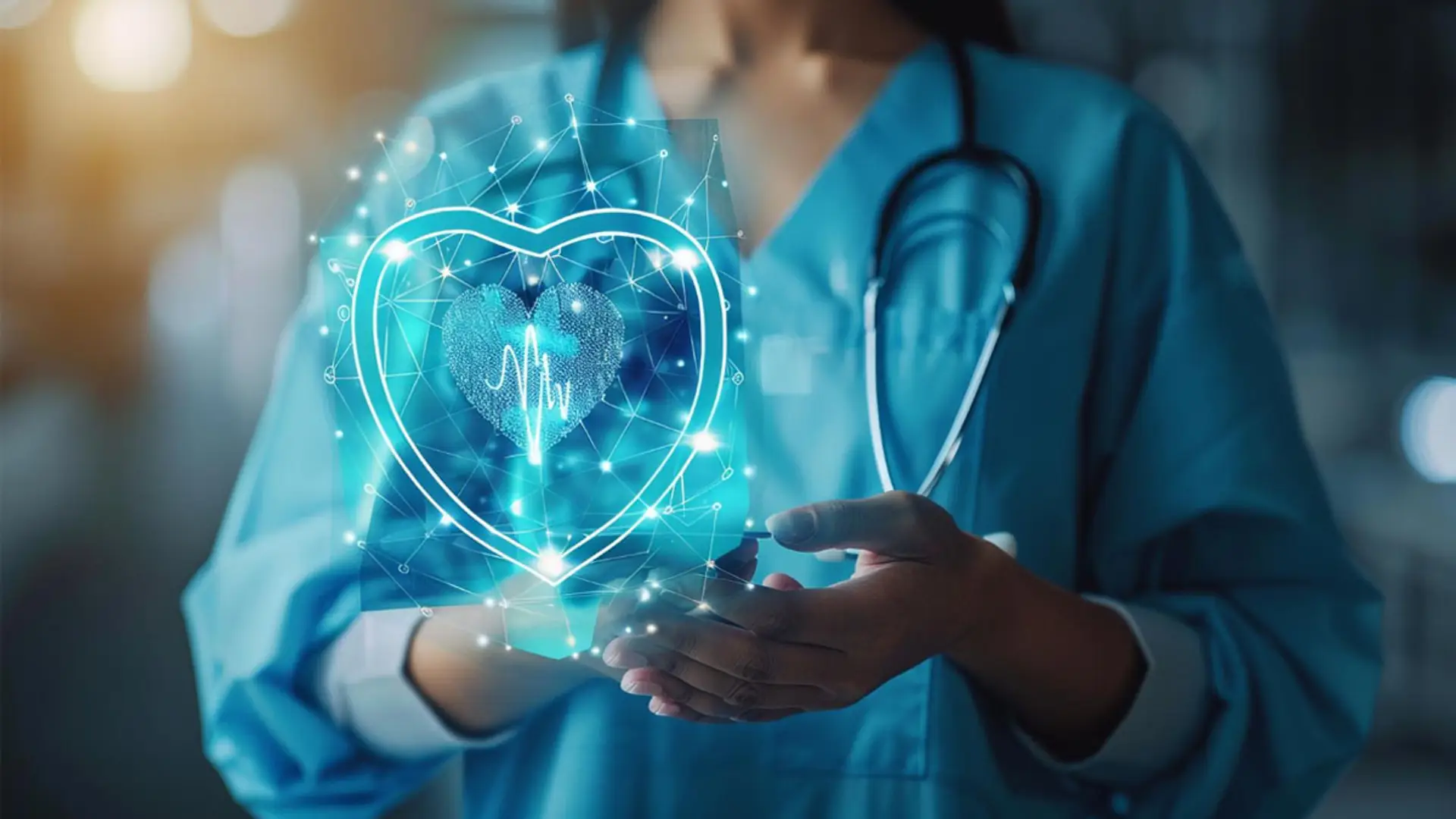 Profesional sanitario sosteniendo un corazón digital con monitorización cardíaca y conexión tecnológica.