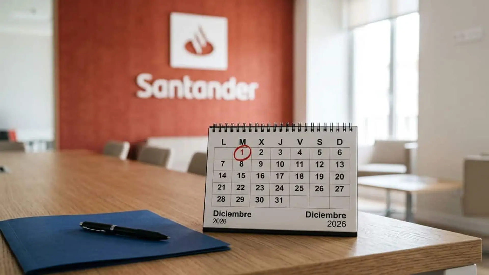 Santander aplaza al 1 de diciembre la negociación de su ERE por la huelga y las elecciones Calendario de diciembre de 2026 con el día 1 rodeado en rojo sobre una mesa de oficina, con una carpeta azul, un bolígrafo y el logotipo de Banco Santander al fondo.