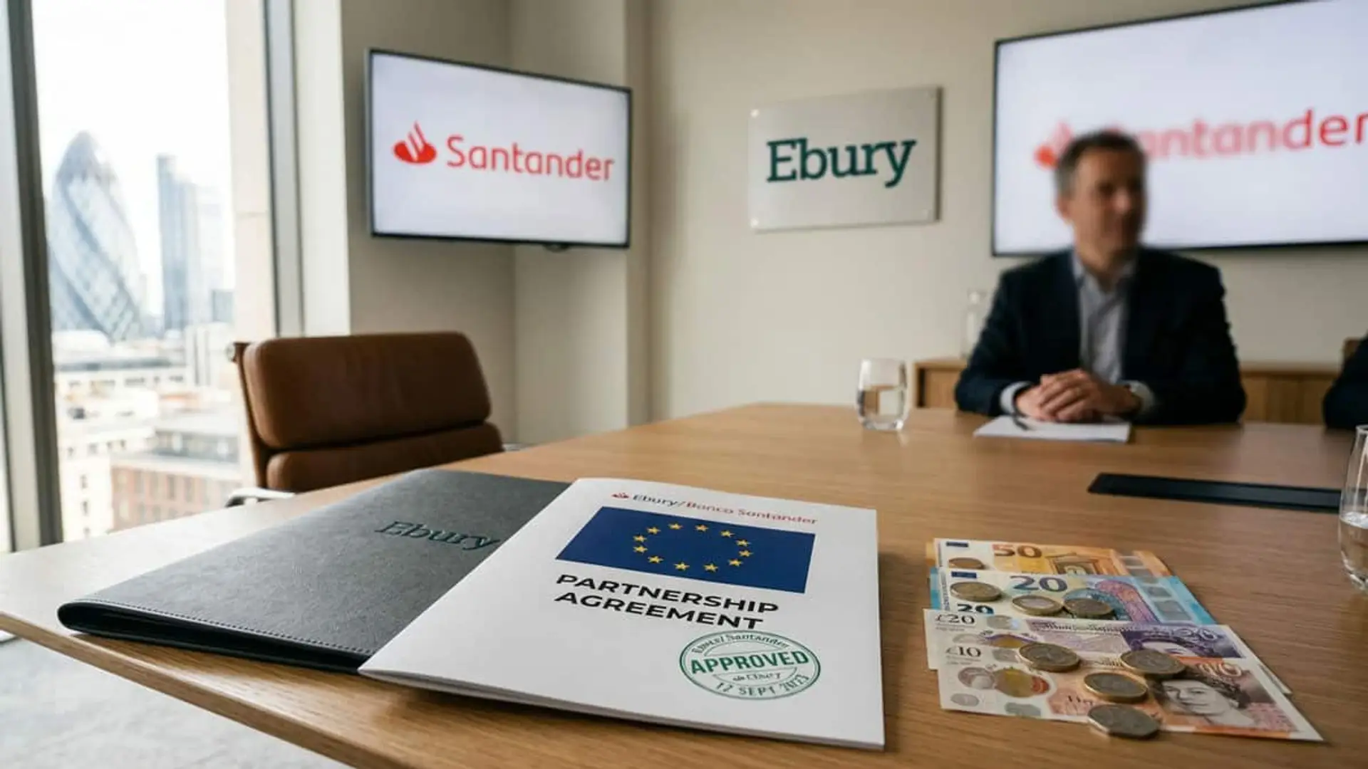 Banco Santander conserva el 55% de Ebury tras el aval de Bruselas a la entrada de Centerbridge Documento de acuerdo entre Santander y Ebury sobre una mesa junto a billetes y monedas de euros y libras