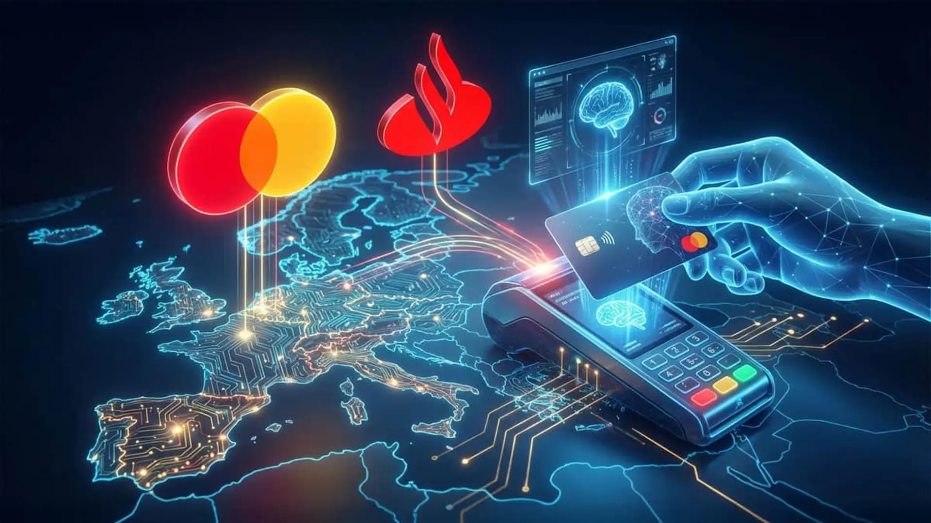 Una camiseta básica de algodón: Banco Santander y Mastercard logran el primer pago de una IA agéntica en Europa Ilustración de pagos digitales de Banco Santander y Mastercard con inteligencia artificial sobre un mapa de España y Europa.