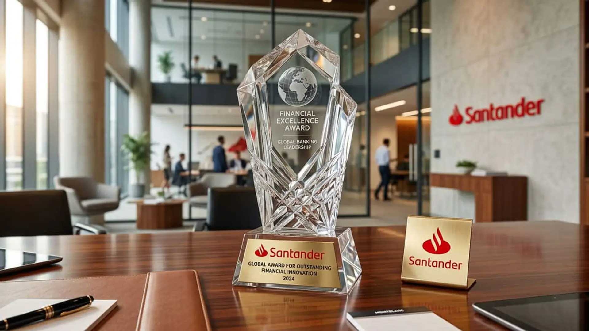 Santander, mejor banco del mundo: 180 millones de clientes, TSB, Webster y el plan detrás del premio Trofeo de reconocimiento internacional sobre una mesa en una oficina de Banco Santander