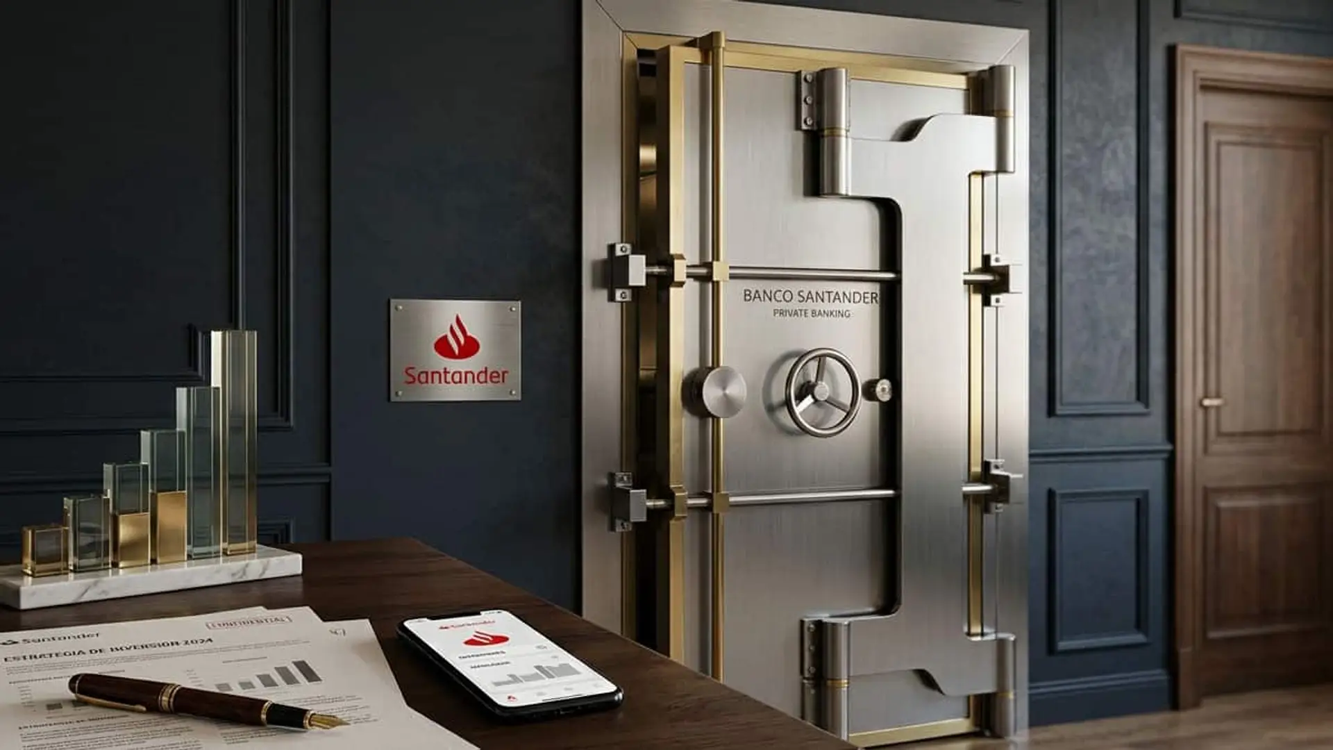 Puerta de cámara acorazada de Banco Santander junto a un móvil y documentos sobre una mesa