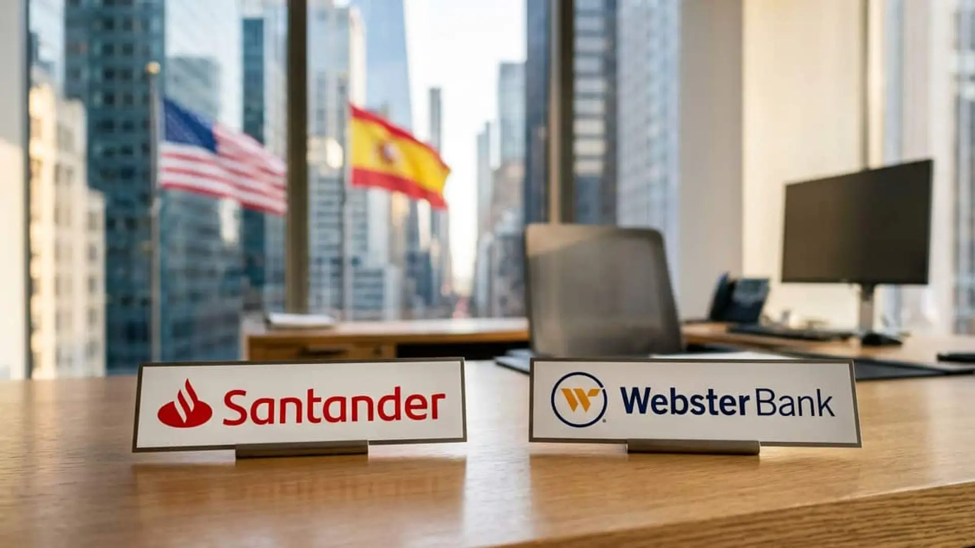 Santander cierra la compra de Webster Bank y entra en el top 10 de EEUU Logos de Santander y Webster Bank sobre una mesa de oficina con las banderas de España y Estados Unidos al fondo