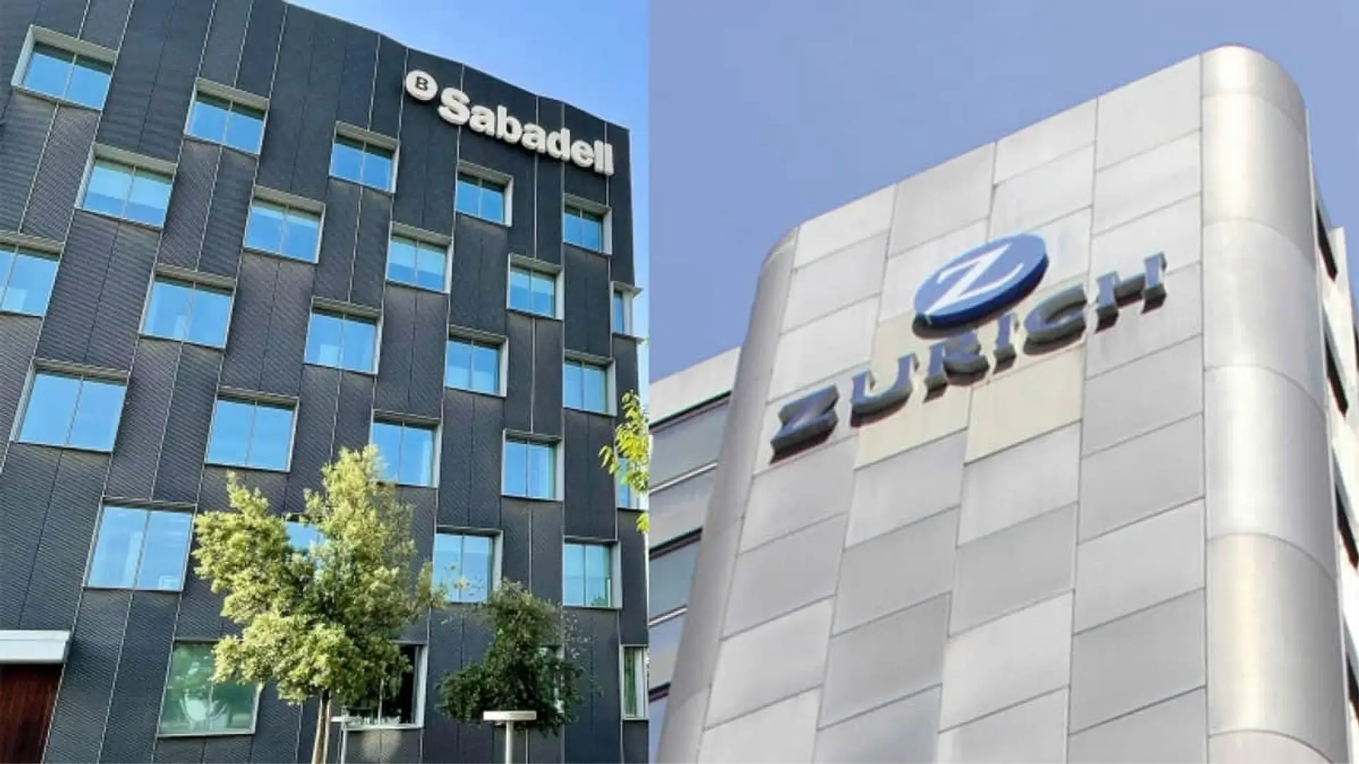 Fachadas de las sedes corporativas de Banco Sabadell y Zurich Seguros con sus logotipos.