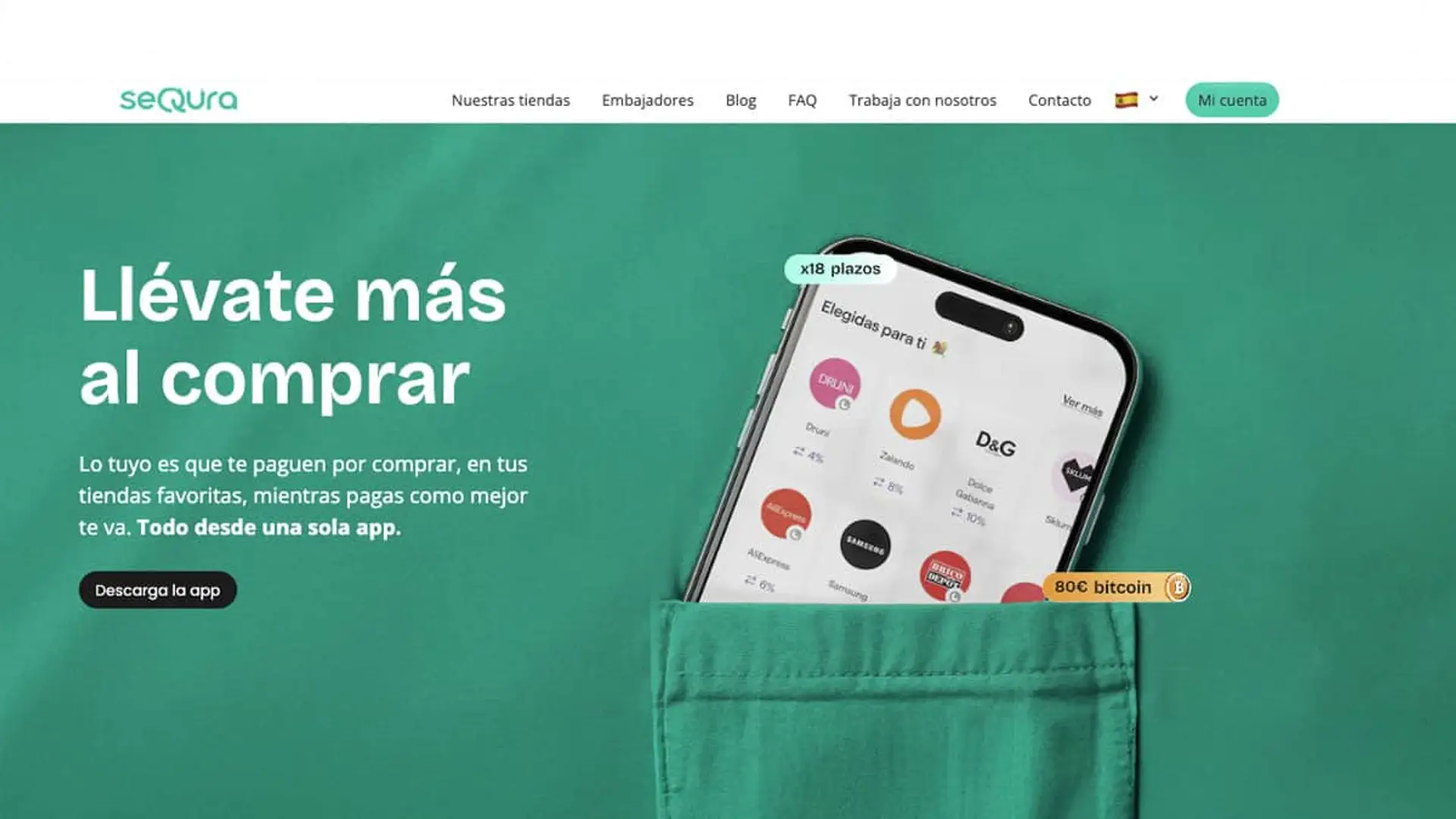 Página web de SeQura, la app para comprar a plazos y recibir cashback en euros o Bitcoin en tus tiendas favoritas.