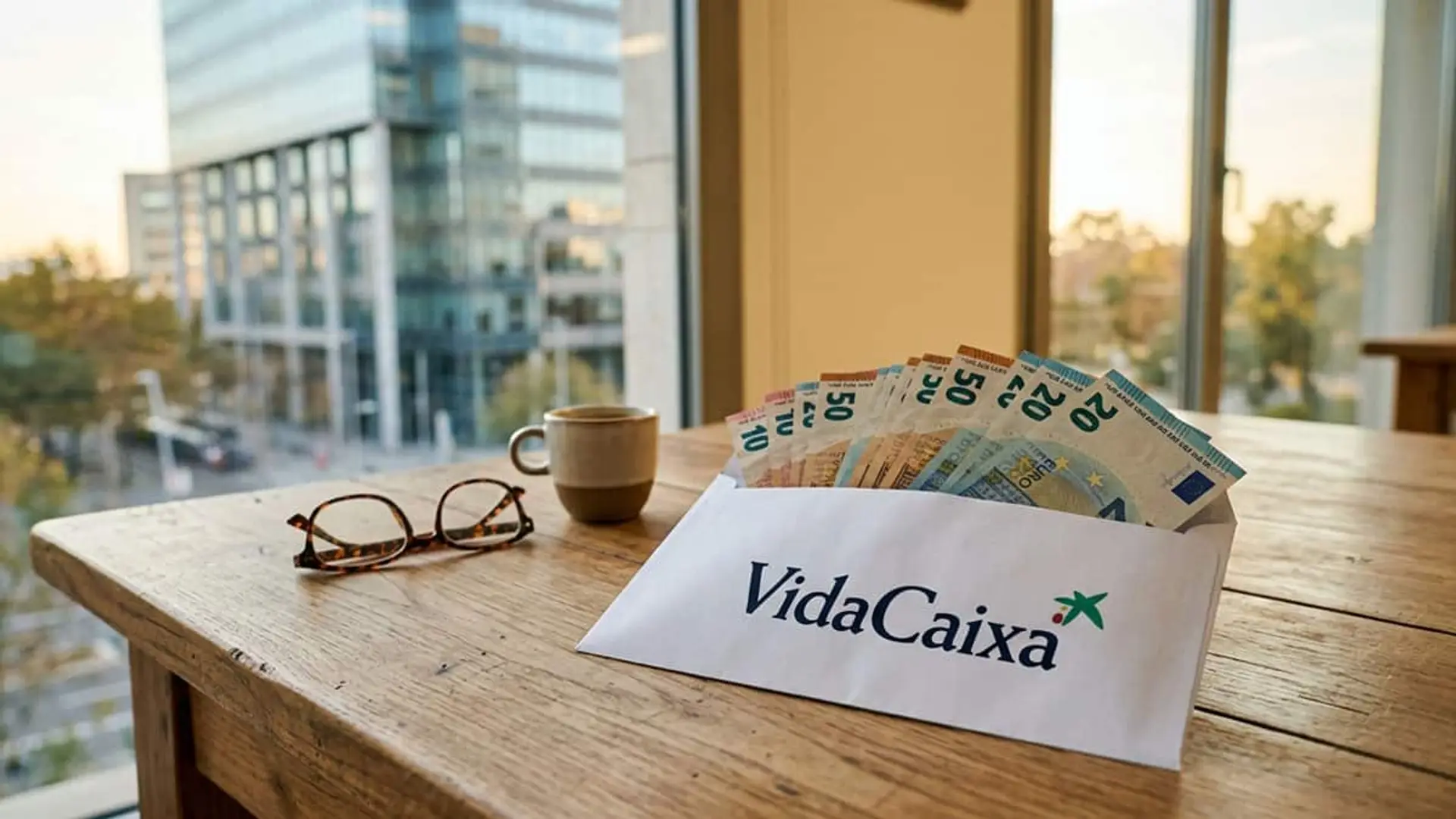 VidaCaixa gestiona el 44% de todo el ahorro en rentas vitalicias en España: 43.500 millones Sobre de VidaCaixa con billetes de euro sobre una mesa de madera junto a unas gafas y una taza