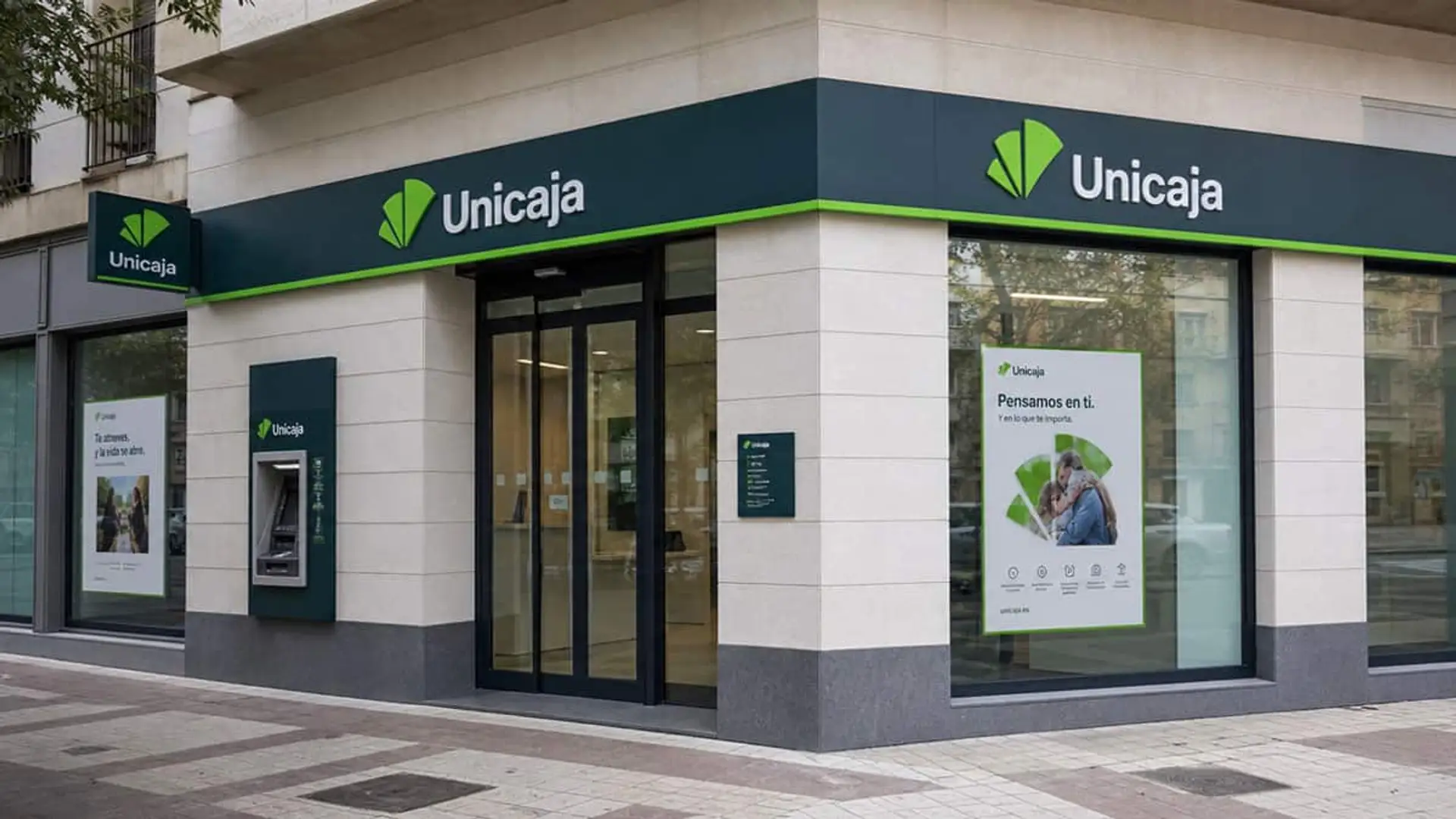 Sucursal de Unicaja en la esquina de una calle con cajero automático y carteles en los escaparates