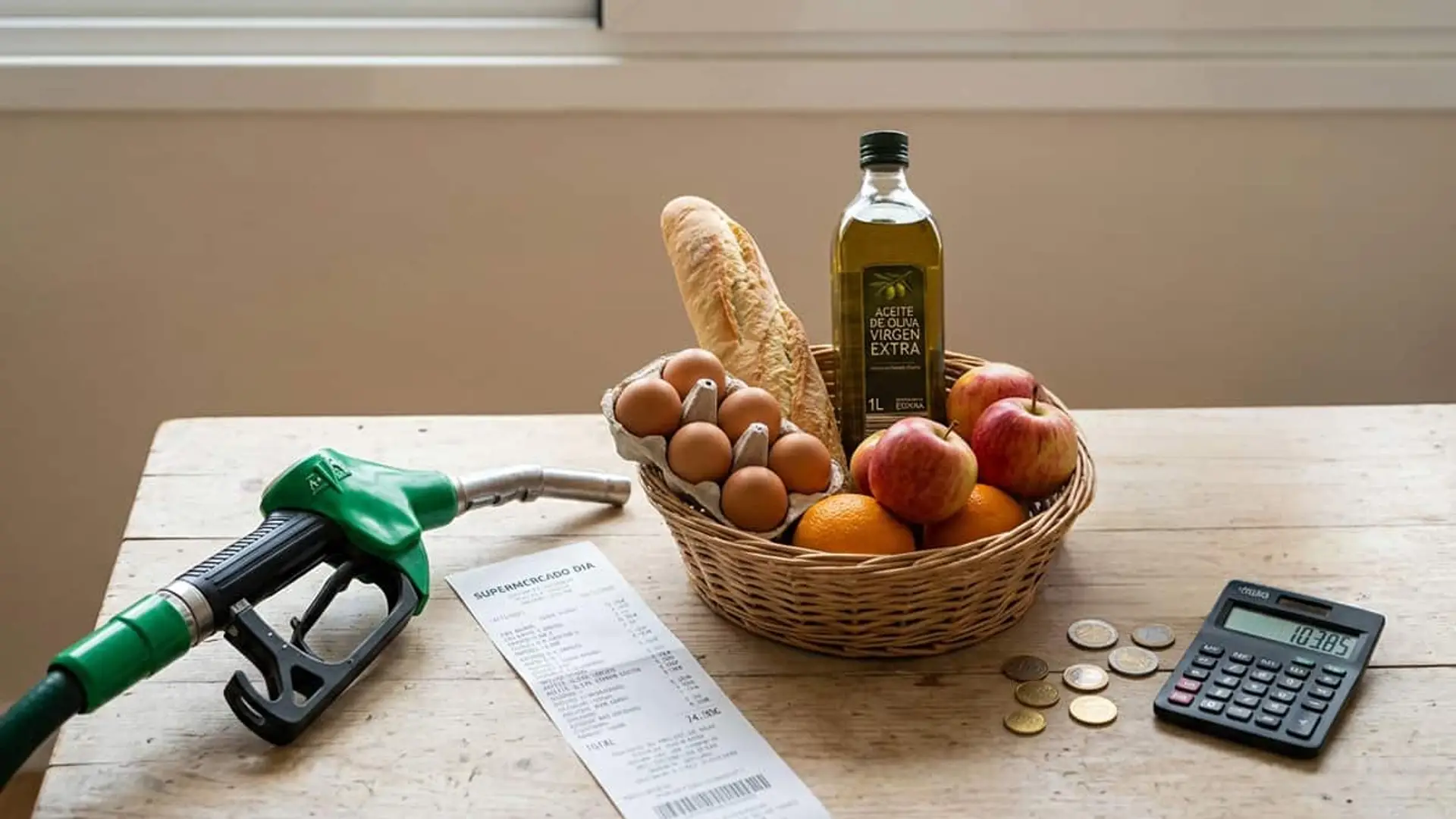 Surtidor de gasolina junto a una cesta con alimentos, un ticket de supermercado, monedas y una calculadora