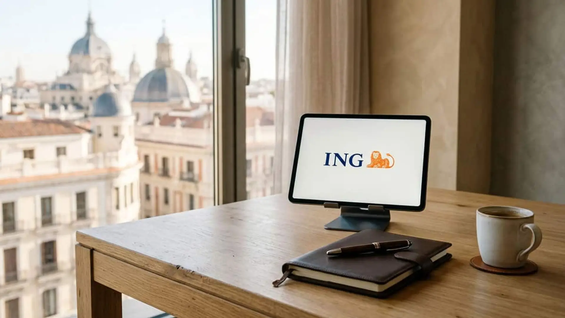 Tablet con el logo de ING sobre una mesa de madera, junto a una libreta, un bolígrafo y una taza de café, con vistas a la ciudad.