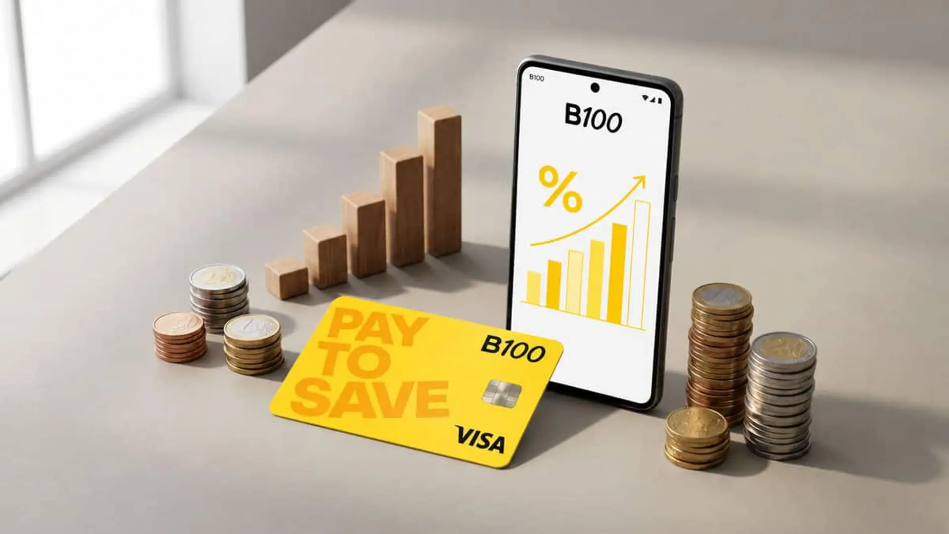 Tarjeta B100 junto a un móvil con un gráfico ascendente y varias pilas de monedas