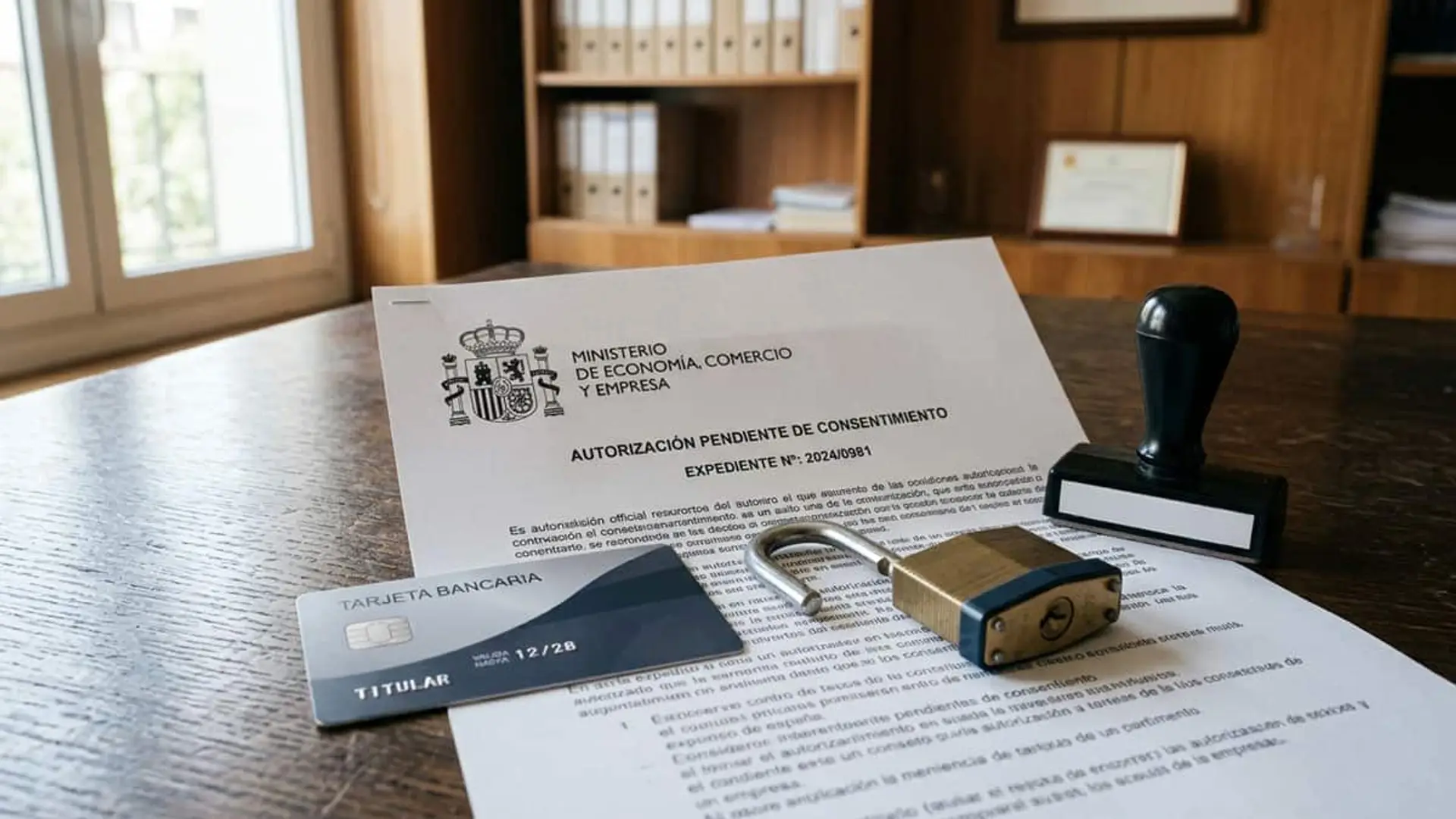 El Gobierno frena a la banca: sin tu permiso no podrán ampliar el límite de tu tarjeta de crédito Tarjeta bancaria junto a un documento de autorización pendiente de consentimiento del Ministerio de Economía y un candado