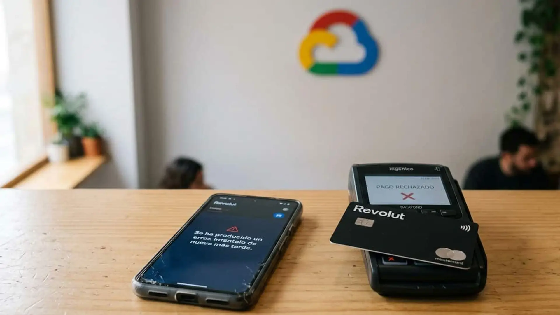 Revolut sufre una caída en España: qué servicios fallan y qué dice el banco Tarjeta Revolut sobre un datáfono con pago rechazado, móvil con error en la app y logotipo de Google Cloud al fondo.
