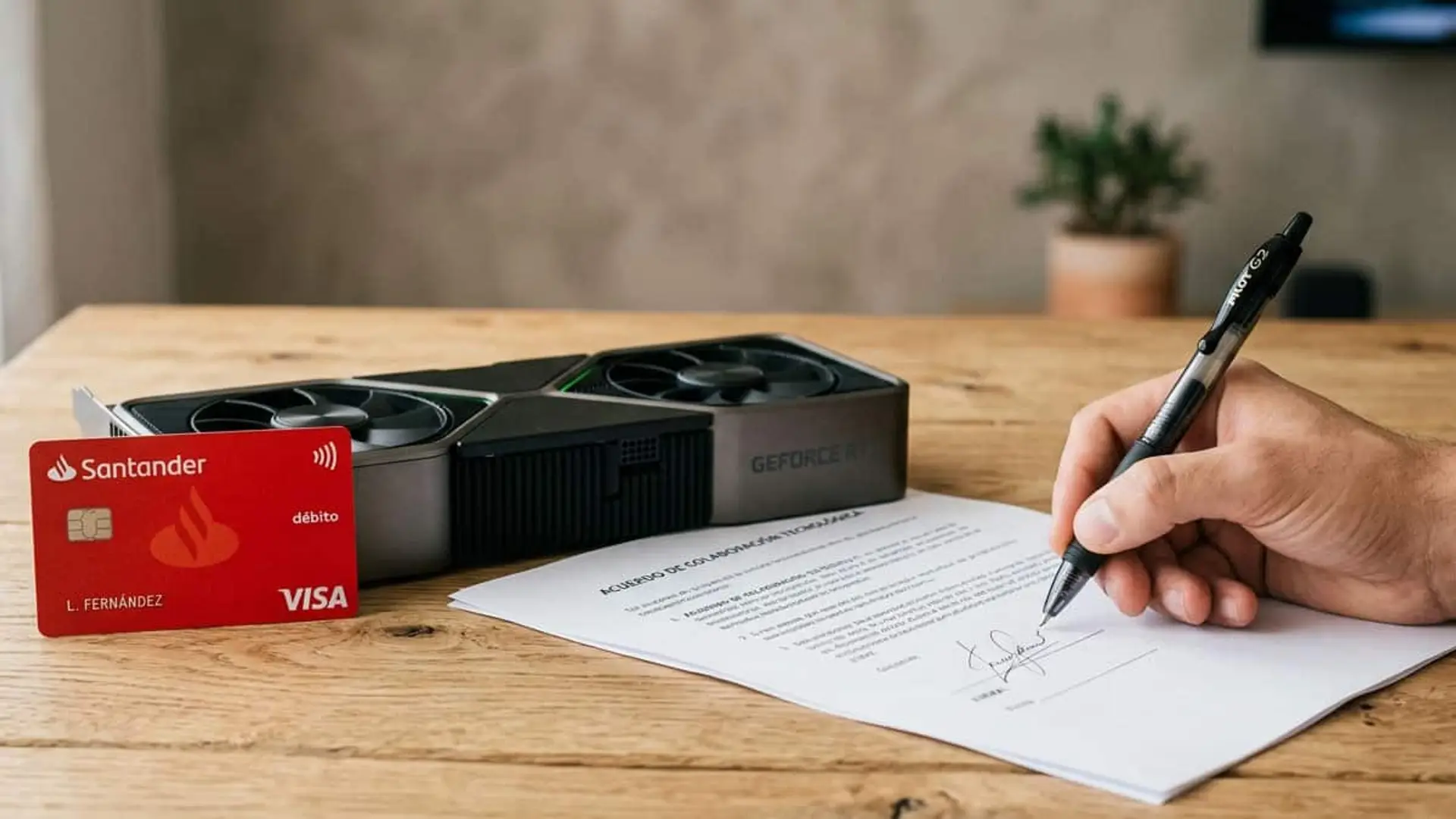 Banco Santander y Nvidia prueban una IA que baja de 5 a 0,03 euros el coste por interacción Tarjeta roja del Banco Santander junto a una gráfica Nvidia GeForce RTX y una mano firmando un acuerdo sobre una mesa.