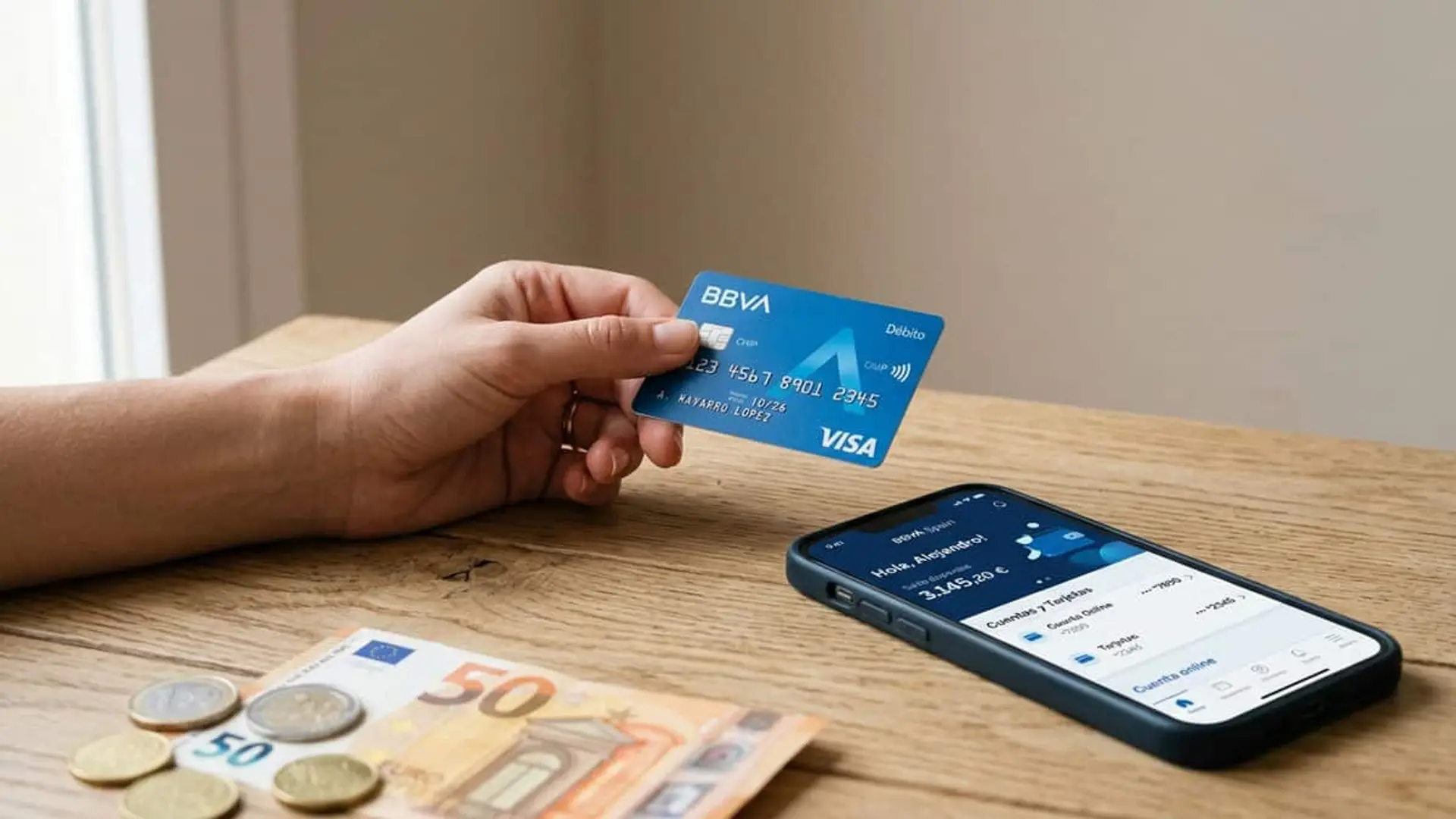 Persona sosteniendo una tarjeta de débito de BBVA junto a un móvil con la app del banco, billetes y monedas de euro