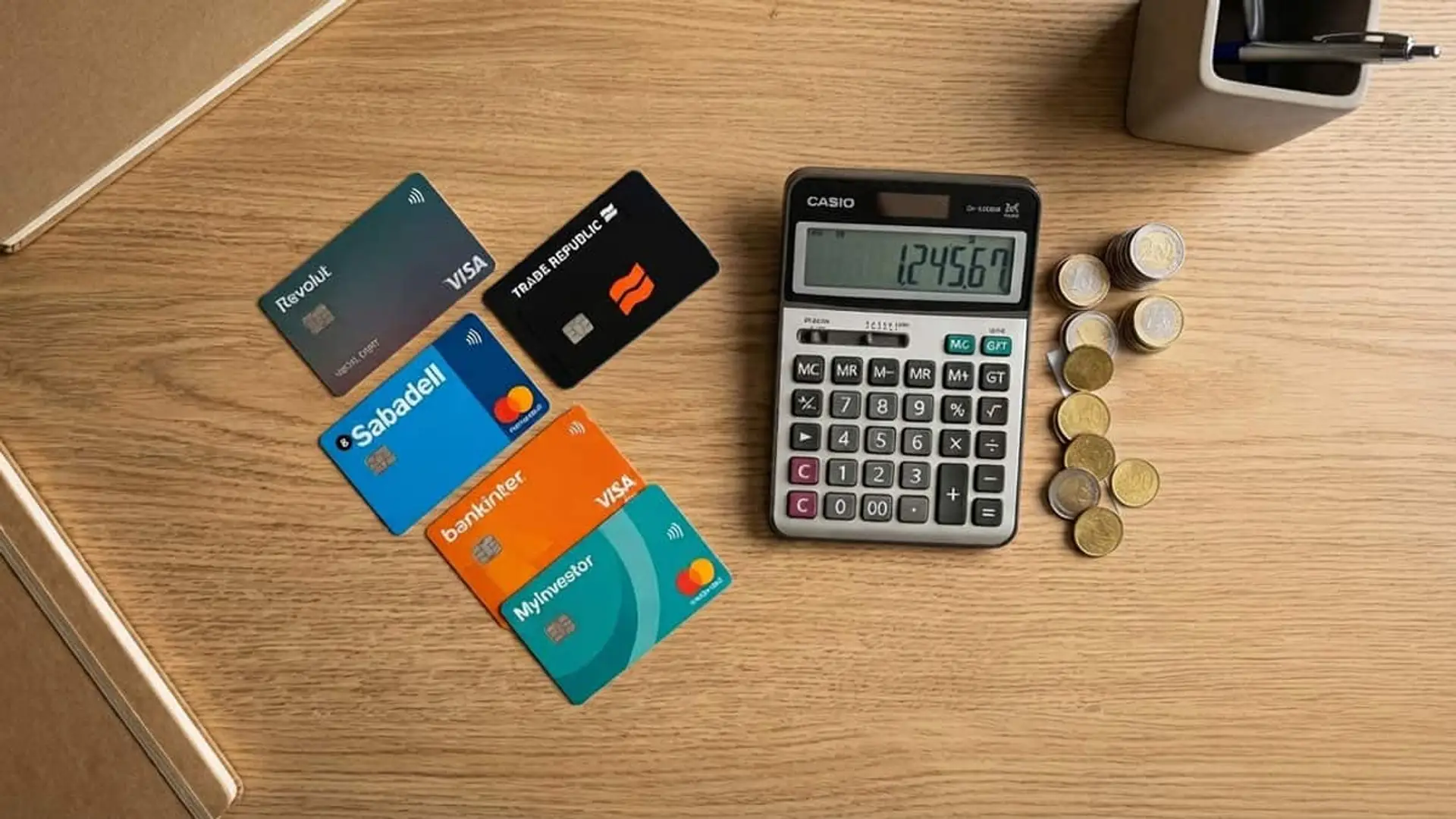 Las cuentas remuneradas se disparan: hasta 3,51% TAE en neobancos y hasta 600€ de regalo en la banca tradicional Varias tarjetas bancarias de Revolut, Trade Republic, Banco Sabadell, Bankinter y MyInvestor junto a una calculadora y monedas sobre una mesa