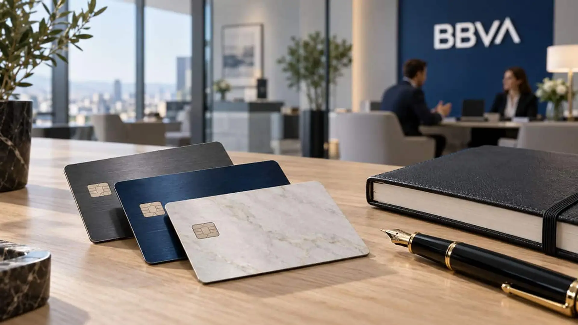 BBVA estrena Global Wealth: tres niveles para altos patrimonios, de 100.000 euros a 2 millones Tres tarjetas bancarias metálicas sobre una mesa en una oficina de BBVA, junto a una pluma y un cuaderno