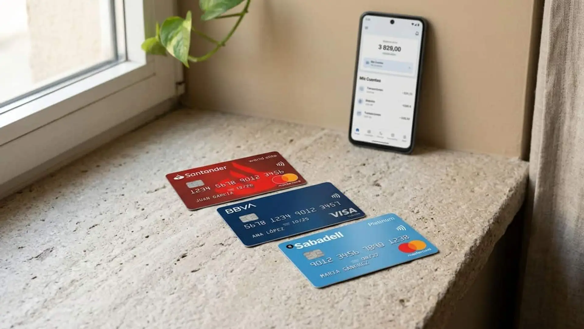 Santander, BBVA y Sabadell cambian su banca personal para frenar a Revolut, MyInvestor o Trade Republic Tarjetas bancarias de Santander, BBVA y Sabadell sobre una repisa de piedra, junto a un móvil con una aplicación bancaria.