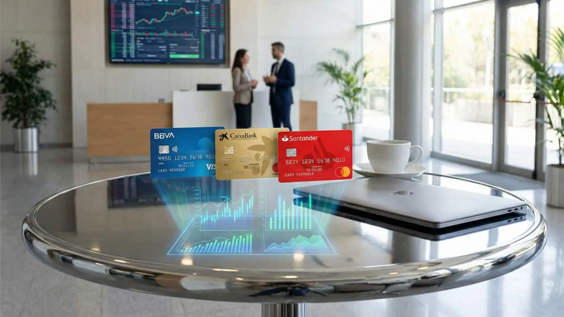 Nadie puede con CaixaBank en gestión de carteras, pero Banco Santander ha crecido un 43% y ya supera al BBVA Tarjetas de BBVA, CaixaBank y Santander sobre una mesa con gráficos financieros proyectados, simbolizando la competencia bancaria.